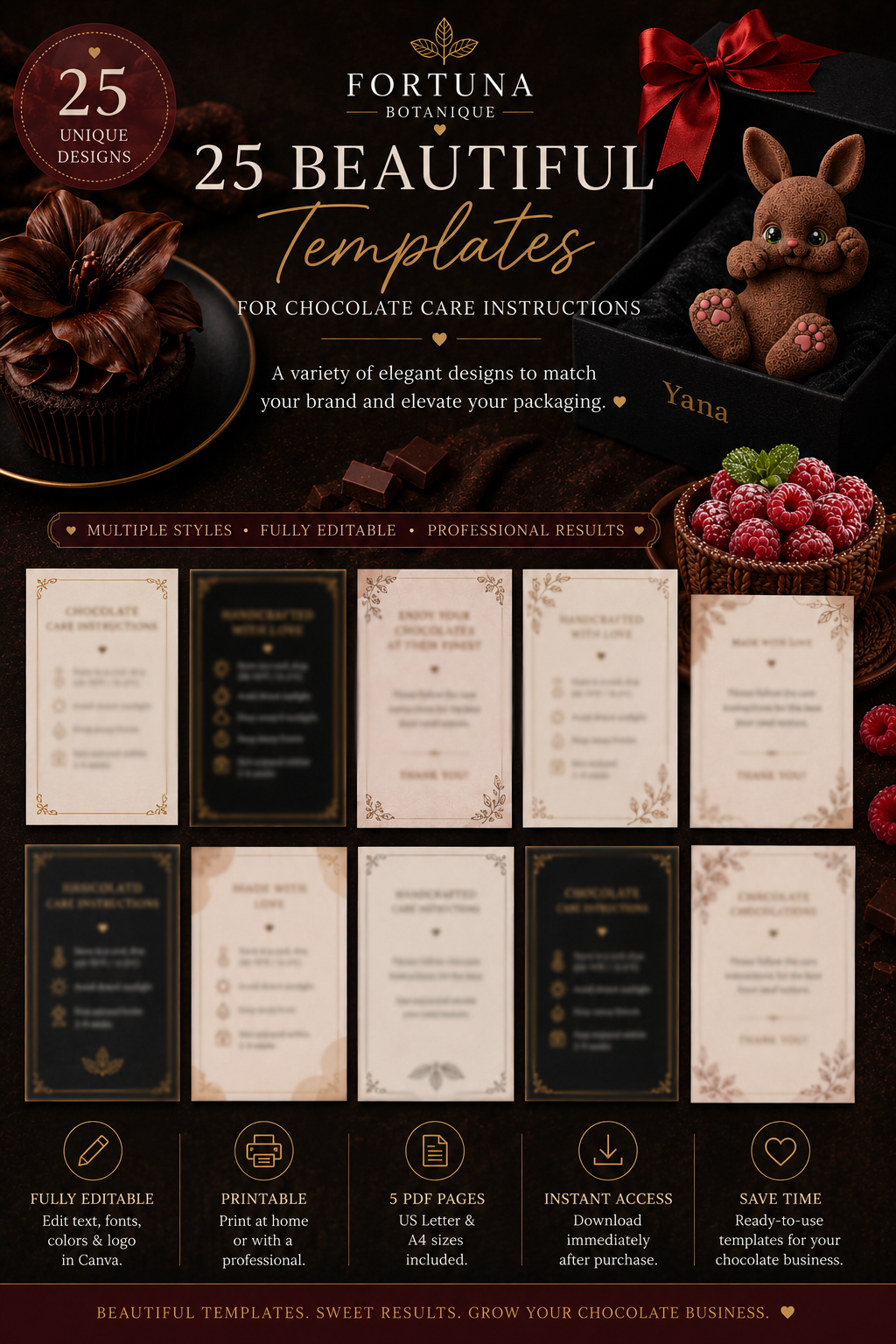 Luxury Chocolate Care Instruction Card Templates | Editable Printable Care Cards for Chocolate Businesses (Instant PDF Download)