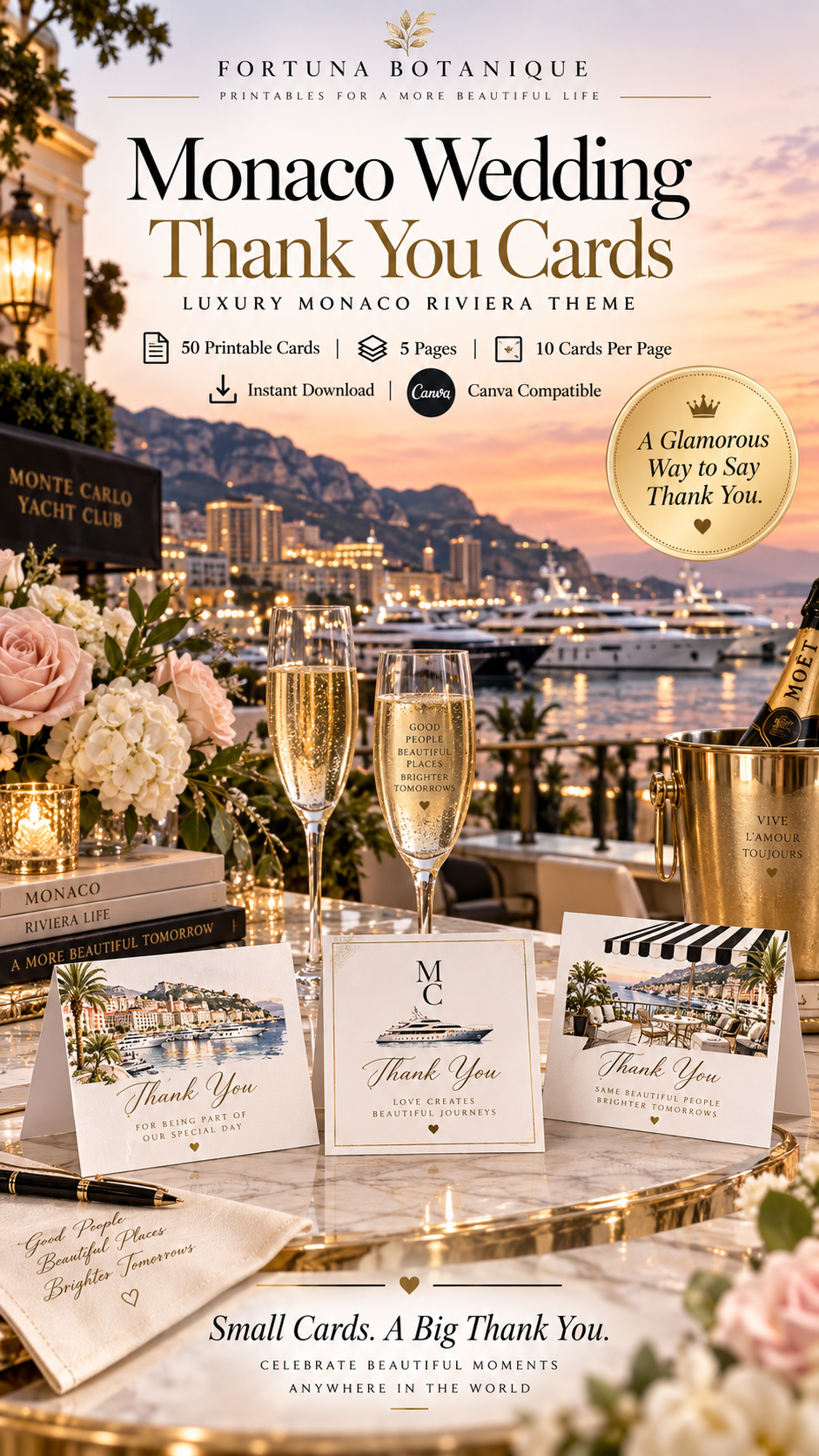 Monaco Wedding Thank You Cards | 50 Printable Riviera Wedding Cards