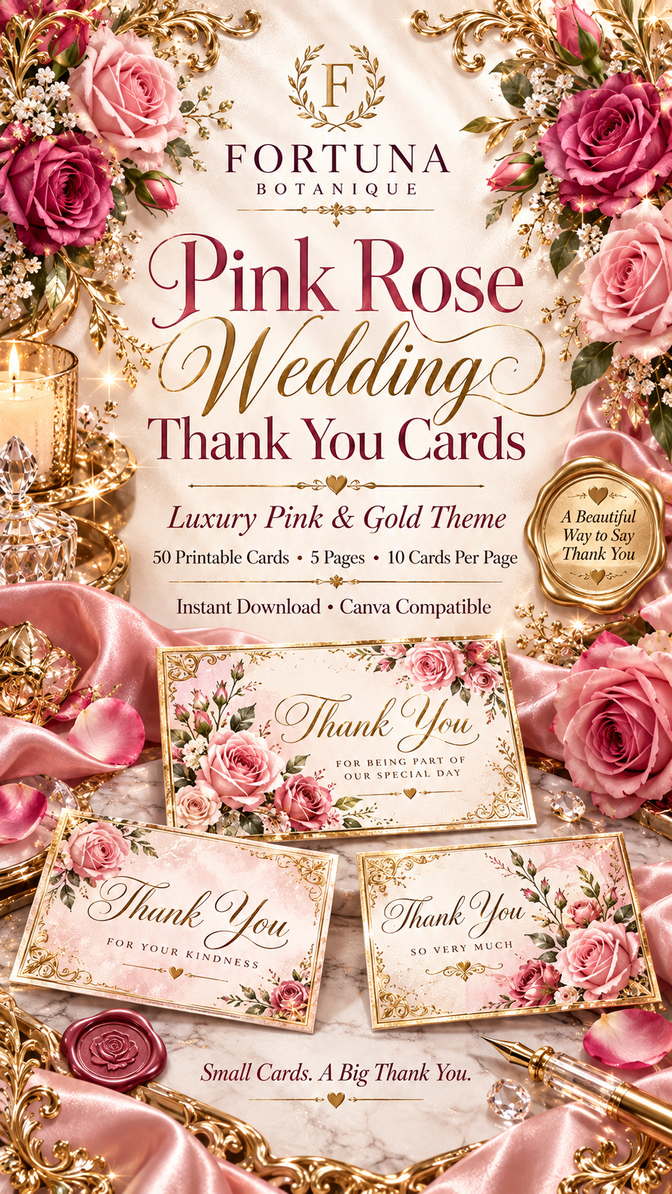 Pink Rose Wedding Thank You Cards | 50 Printable Cards