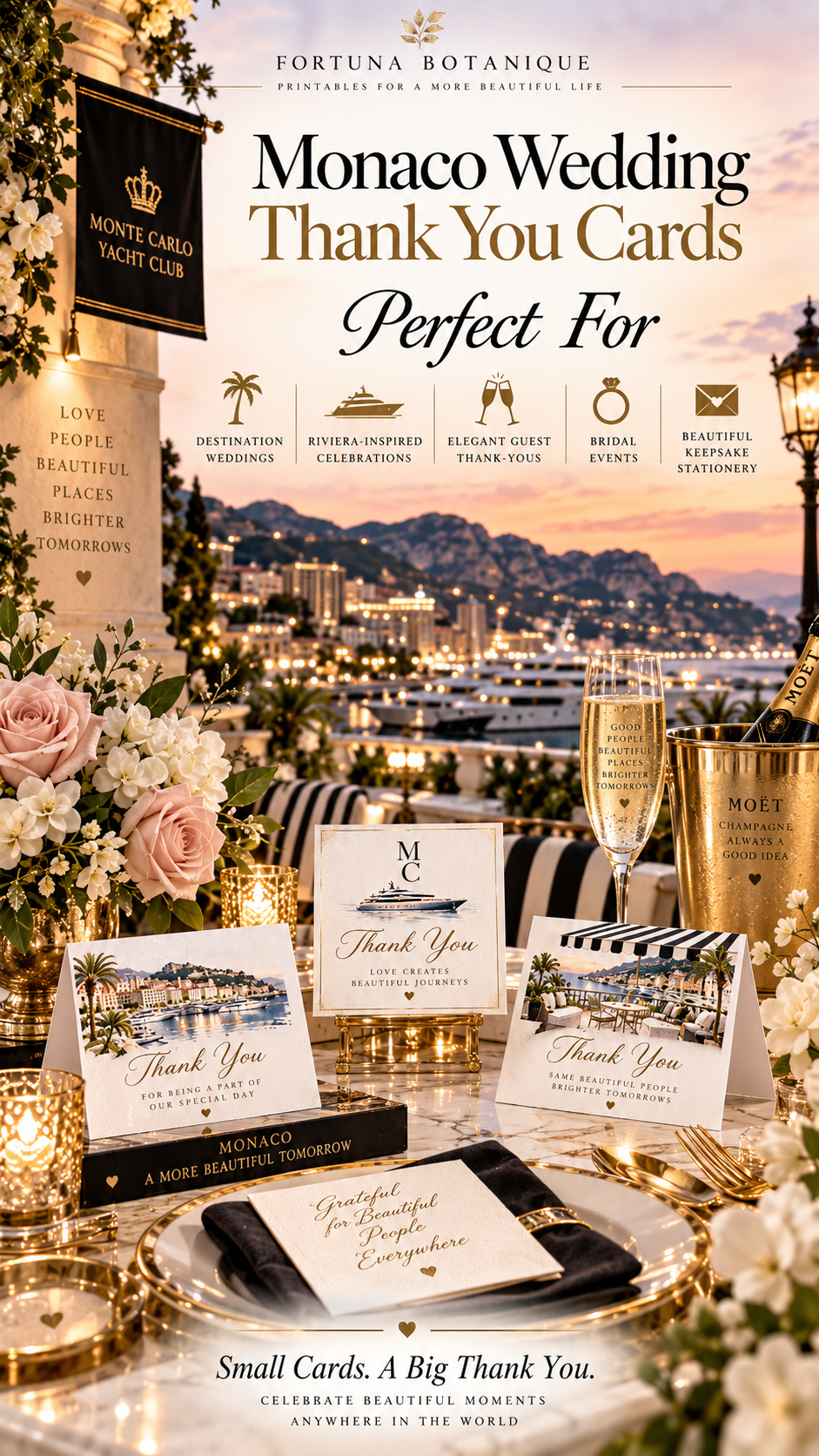 Monaco Wedding Thank You Cards | 50 Printable Riviera Wedding Cards