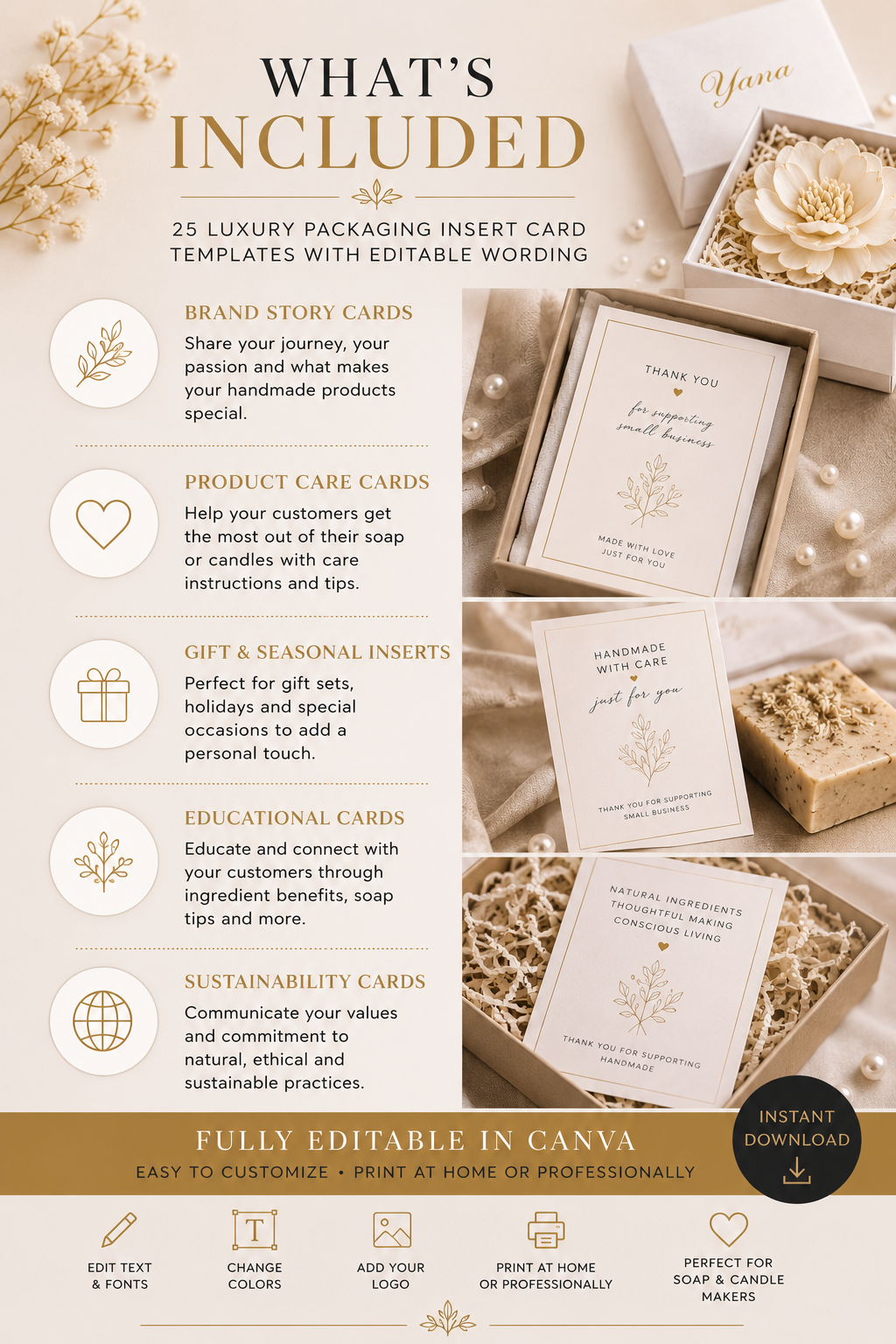 Luxury Soap Packaging Insert Card Templates | Editable Printable Thank You & Care Cards for Handmade Soap Businesses