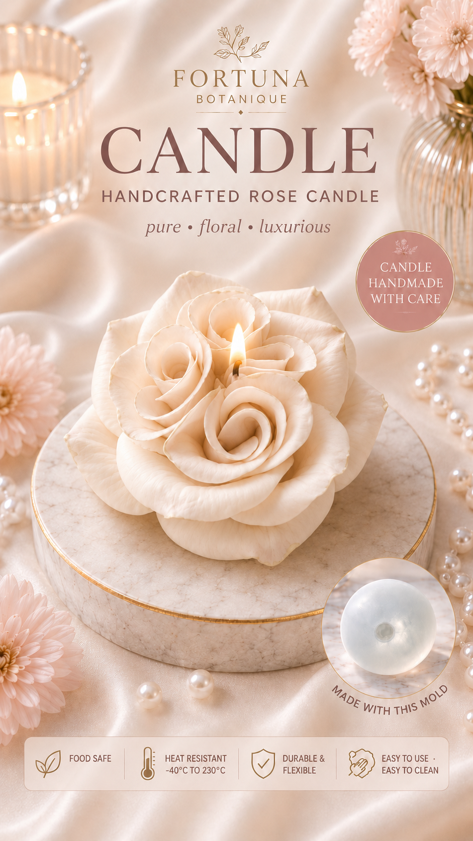 Rose Silicone Flower Mold for Soap, Candles, Resin, Chocolate & Zefir