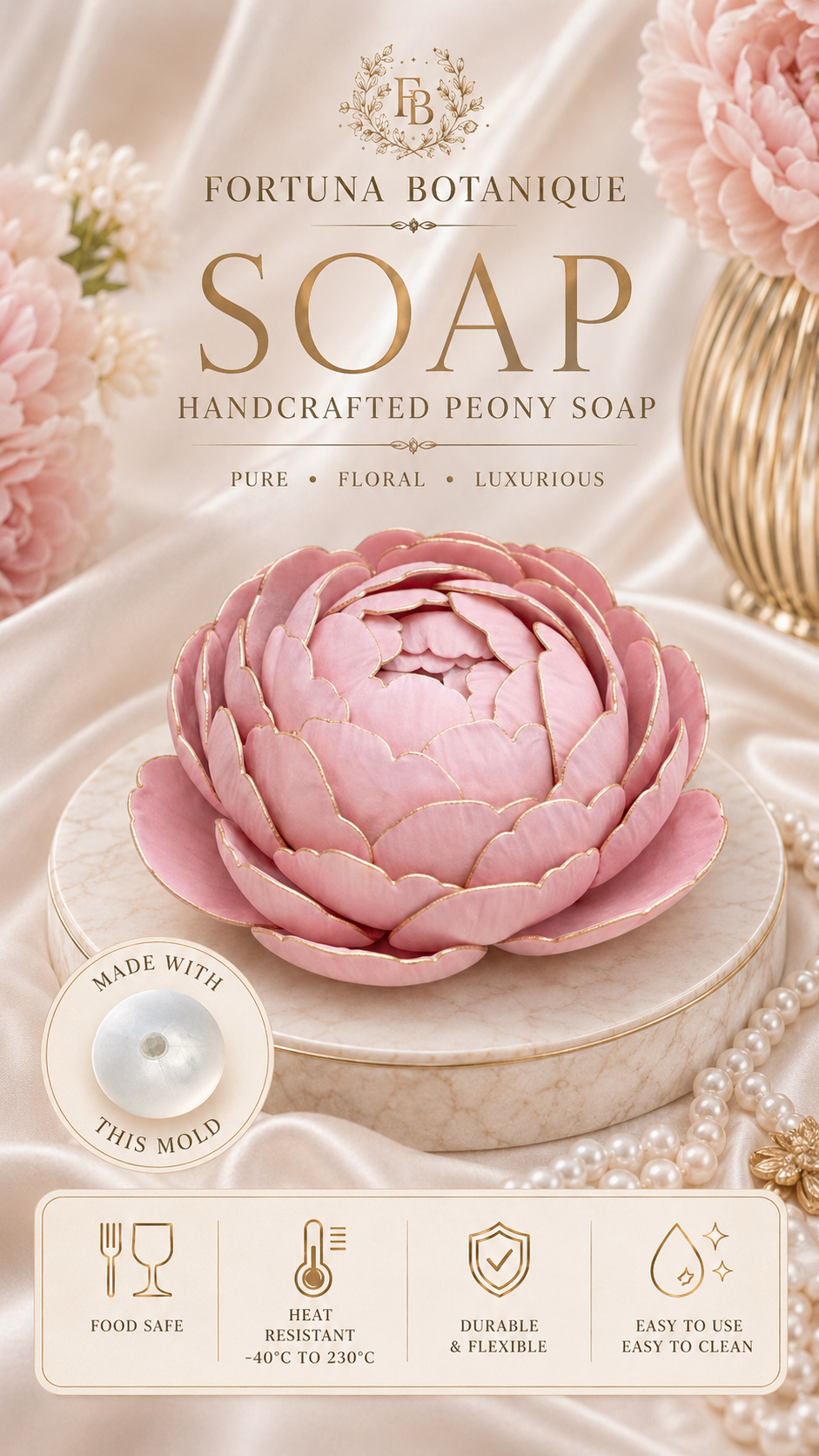 Peony Flower Silicone Mold for Soap, Candles, Resin, Chocolate & Zefir