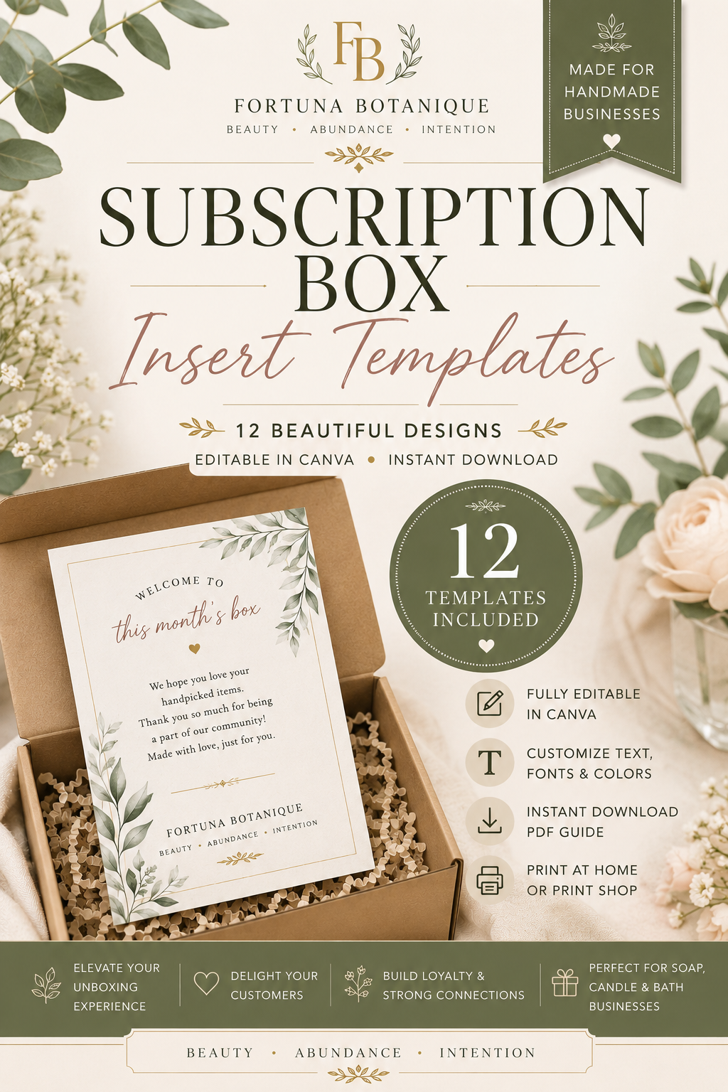 Luxury Subscription Box Insert Templates | Editable Canva Thank You & Packaging Inserts (Instant PDF Download)