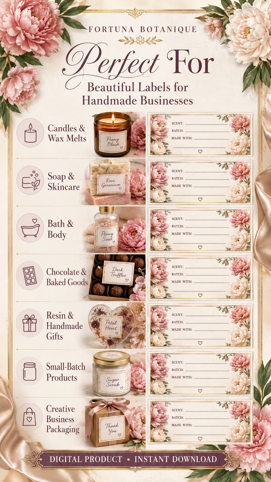 Peony Printable Fill-In Labels | 50 Small Business Product & Packaging Labels