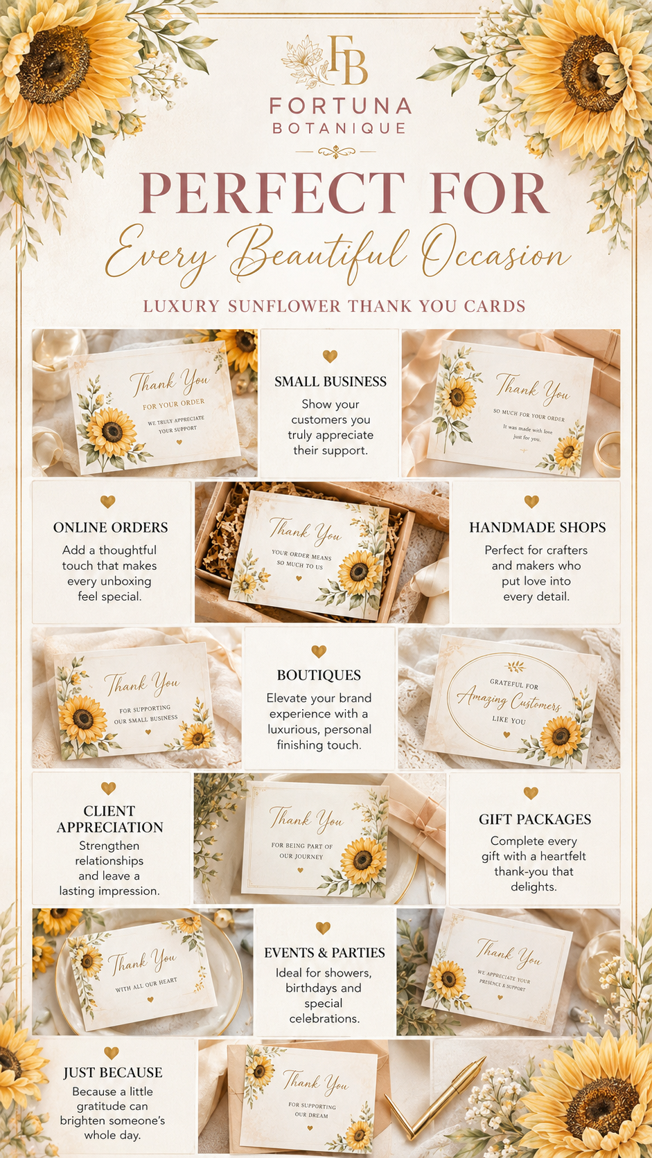 Luxury Sunflower Printable Thank You Cards | 50 Small Business Cards