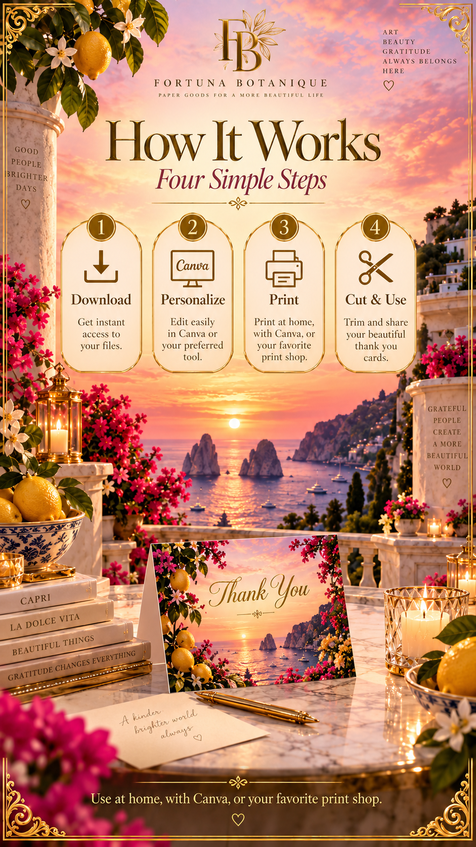 Capri Sunset Wedding Thank You Cards | 50 Printable Cards