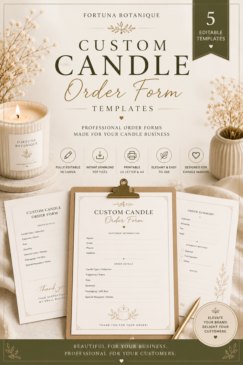 Luxury Candle Order Form Templates | Printable Customer Order Forms | Editable Canva PDF for Candle Makers | Instant Digital Download