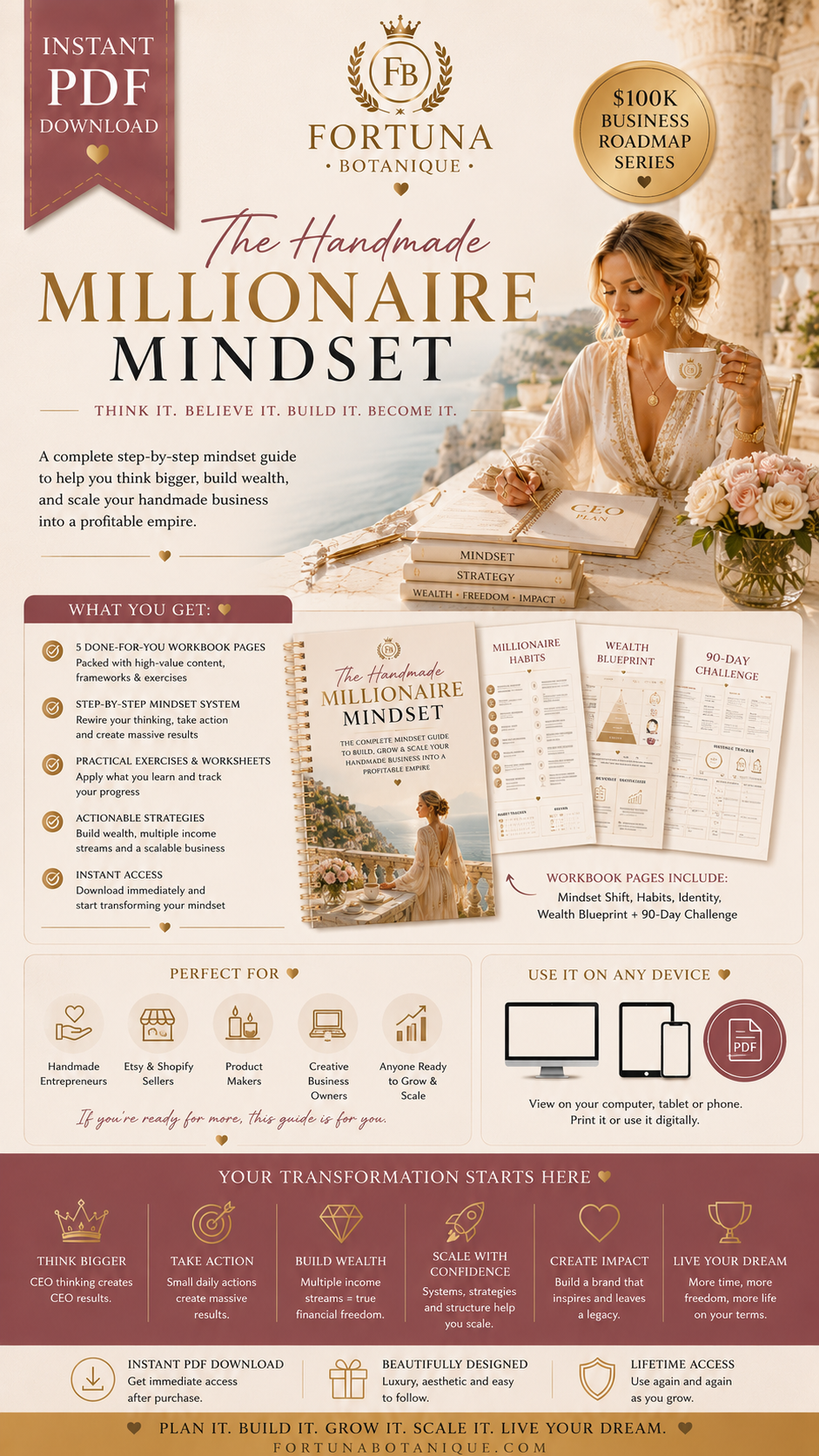 The Handmade Millionaire Mindset™ | Premium CEO Mindset Workbook for Handmade Entrepreneurs | Wealth Building, Business Growth & Success Guide | Instant PDF Download