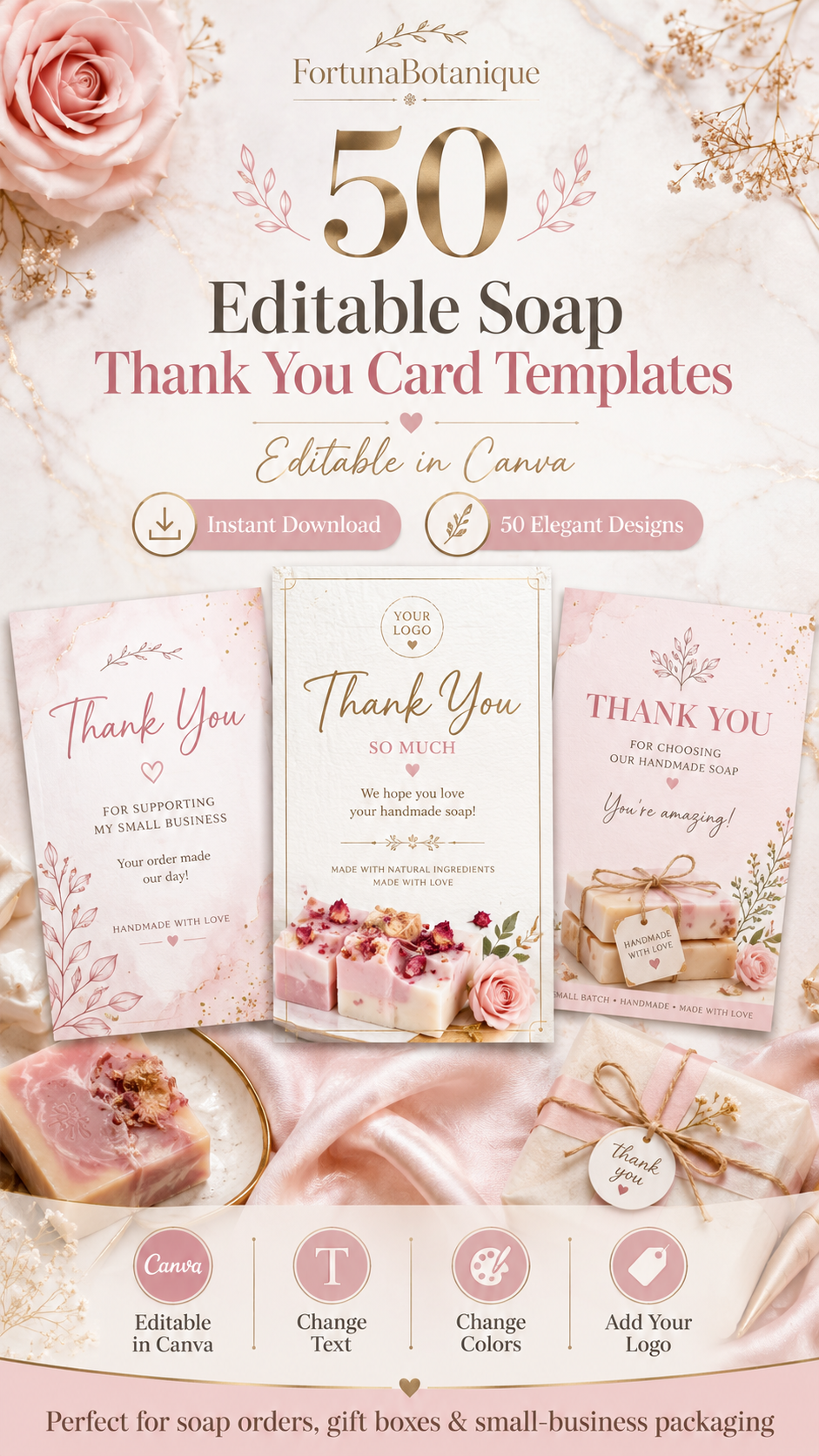 50 Editable Soap Thank You Card Templates | Pink Canva Packaging Inserts for Handmade Soap Business