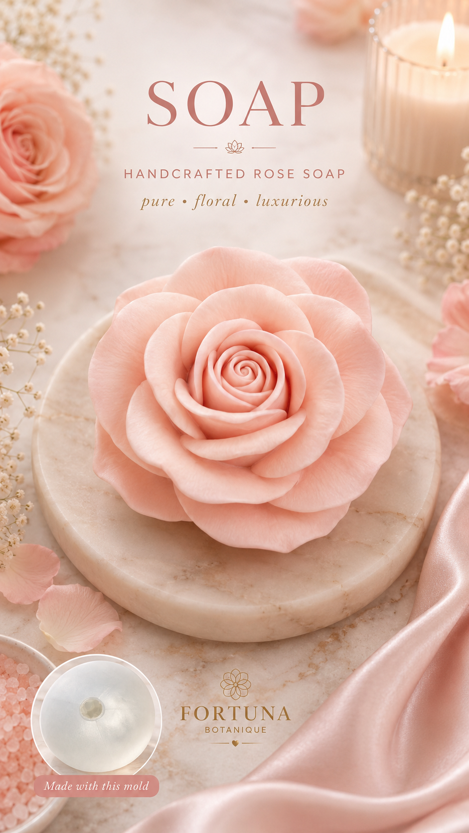 Rose Silicone Flower Mold for Soap, Candles, Resin, Chocolate & Zefir