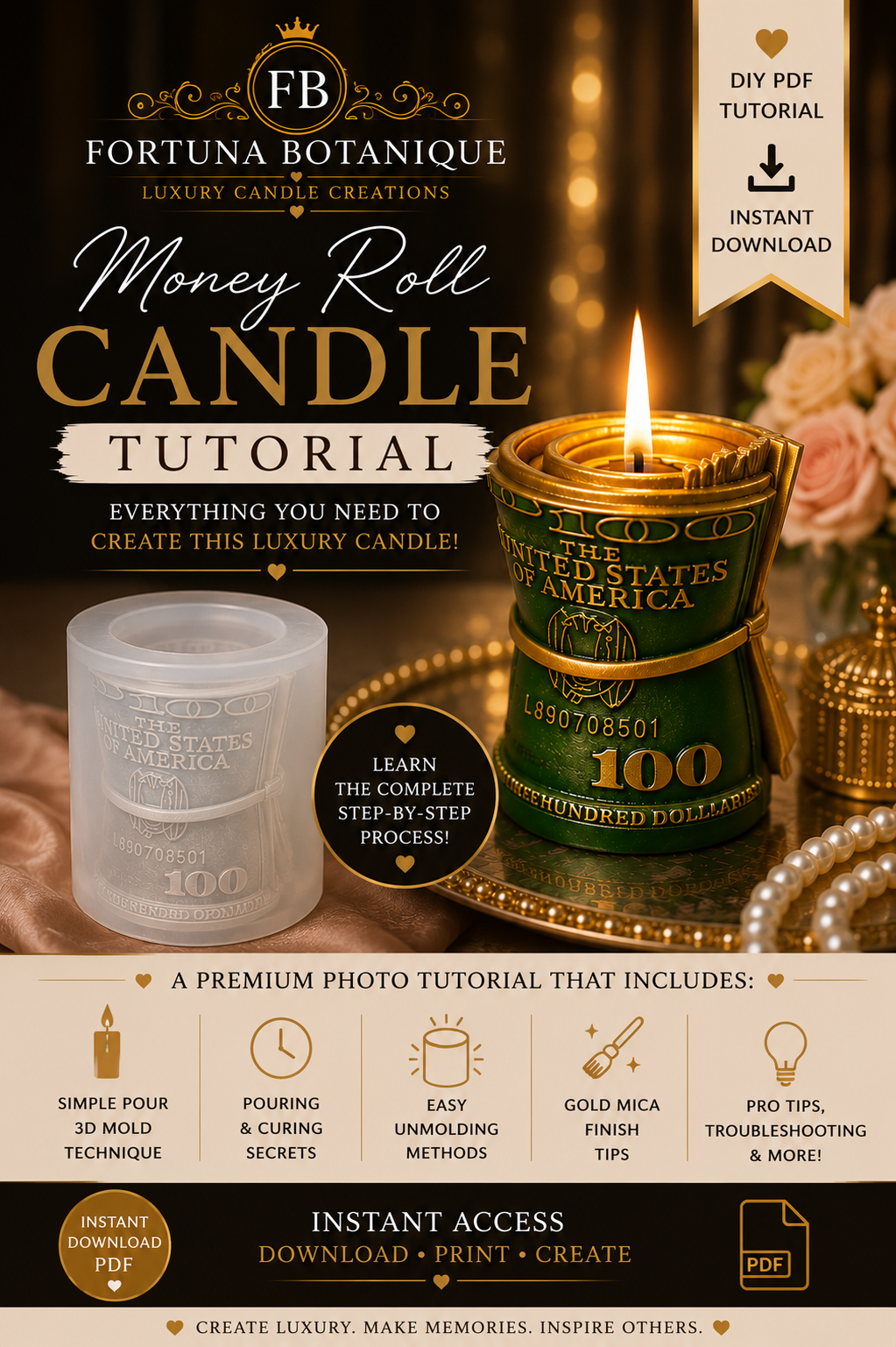 Money Roll Candle Tutorial | 3D Silicone Mold Candle Guide | Instant PDF Download