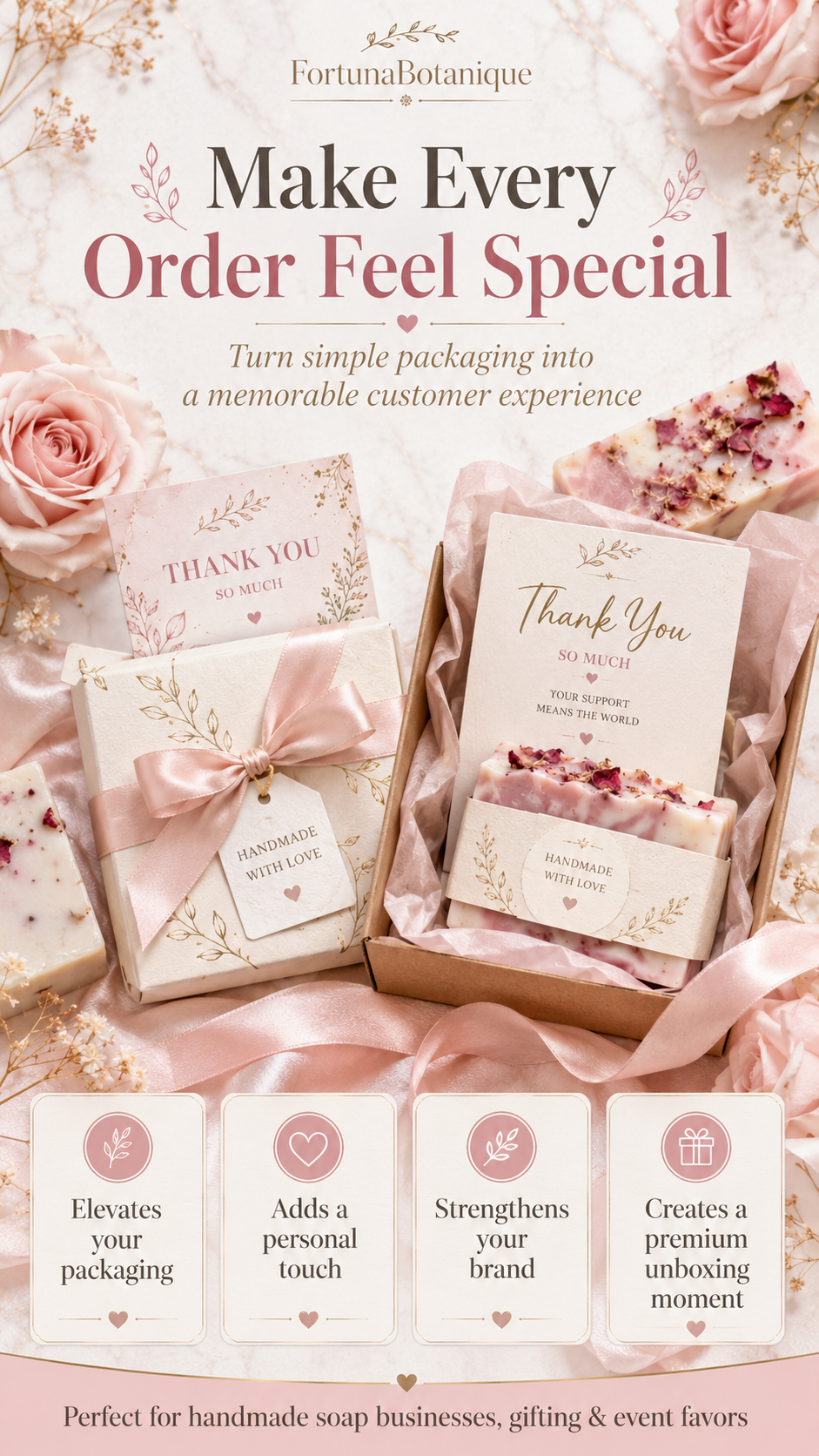 50 Editable Soap Thank You Card Templates | Pink Canva Packaging Inserts for Handmade Soap Business