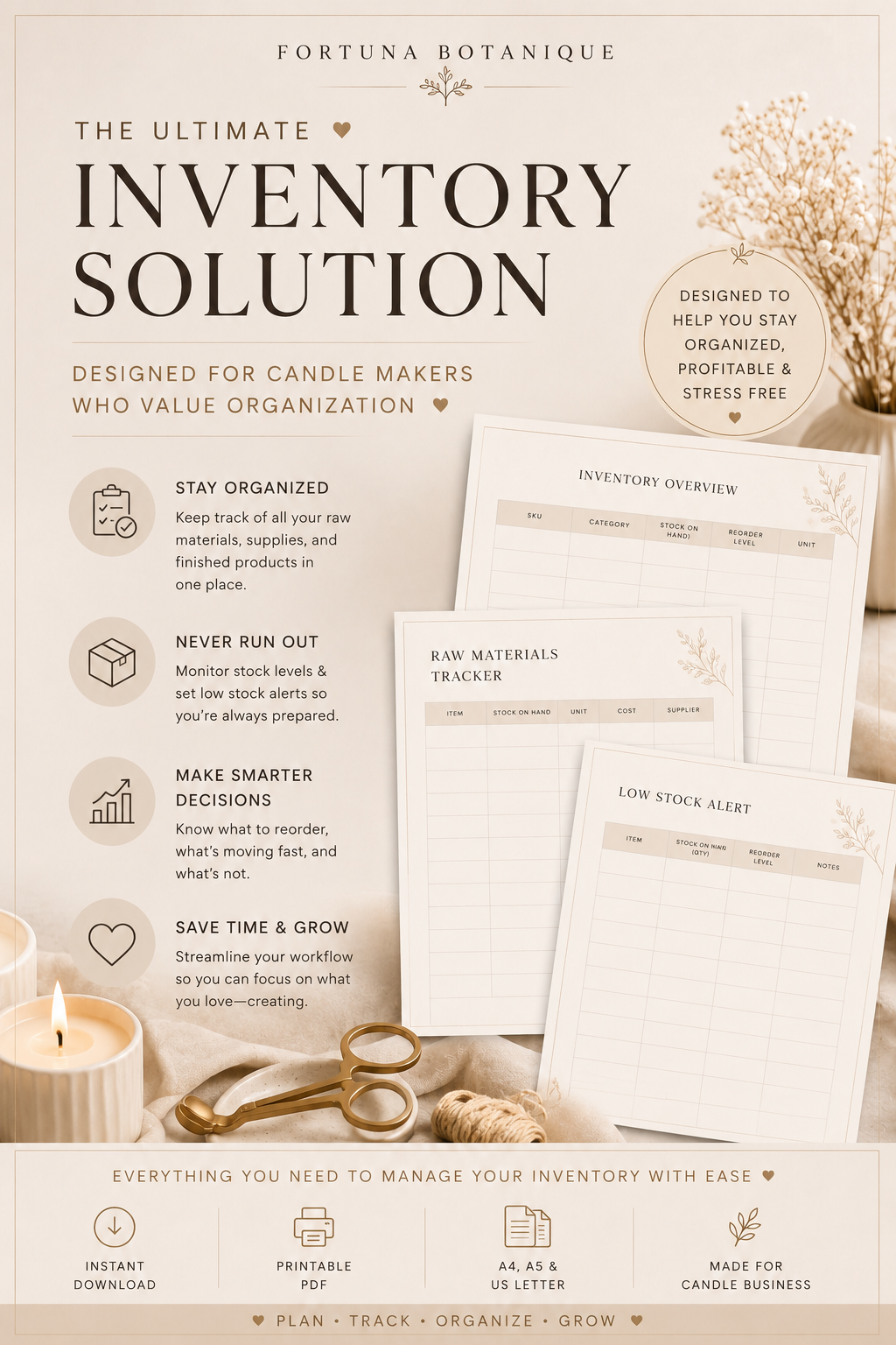 Luxury Candle Inventory Tracker | Printable Inventory Management Workbook for Candle Makers | Stock Control & Business Organization | Instant PDF Download