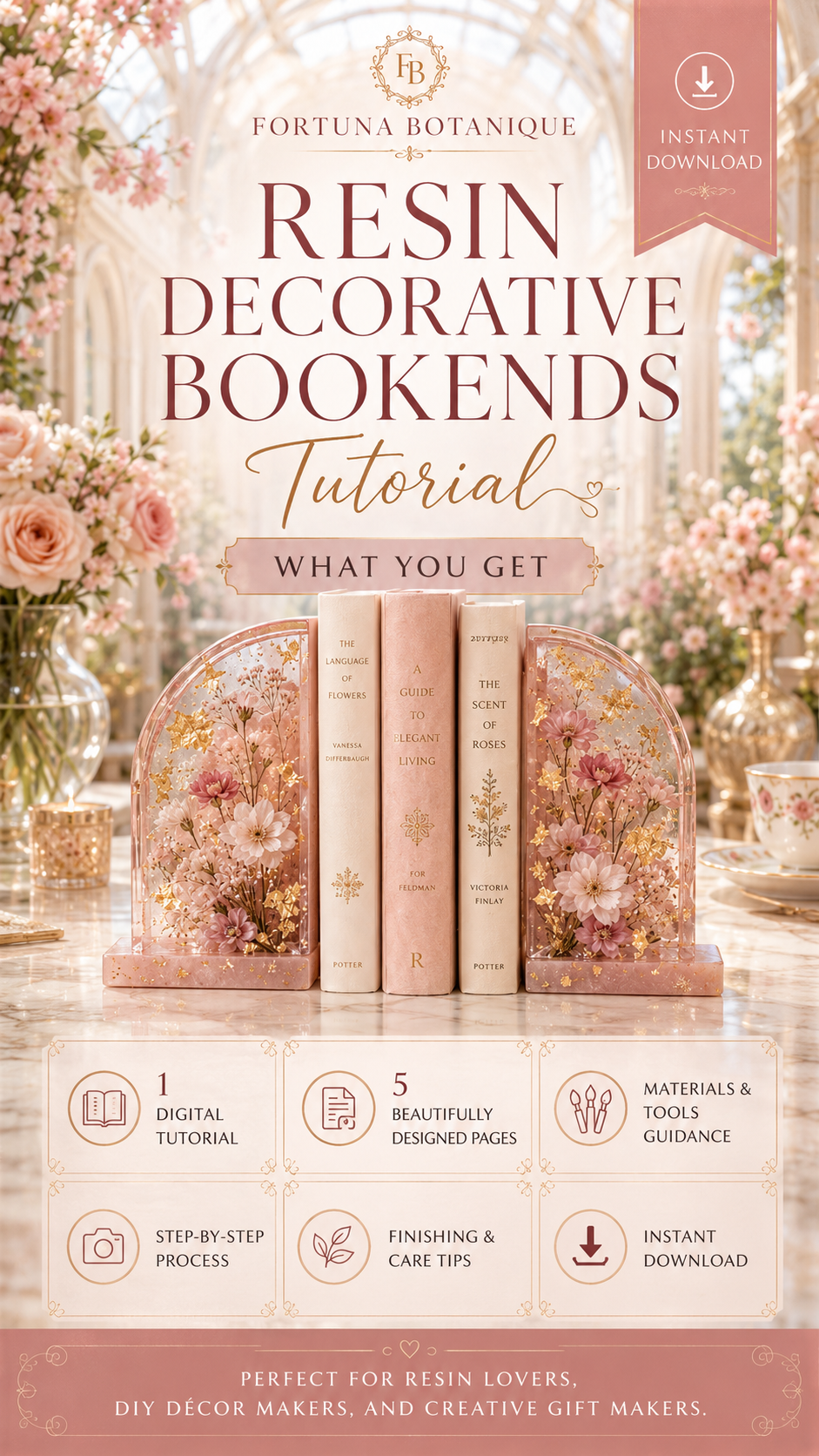 Resin Decorative Bookends Tutorial | Floral Resin Home Décor Guide | Beginner-Friendly DIY Digital Download