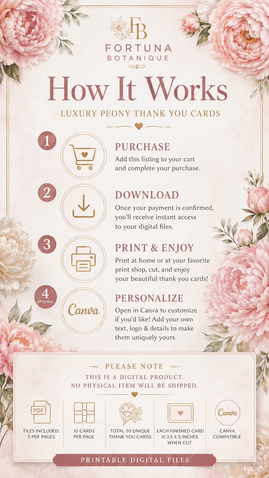 Luxury Peony Printable Thank You Cards | 50 Small Business Cards