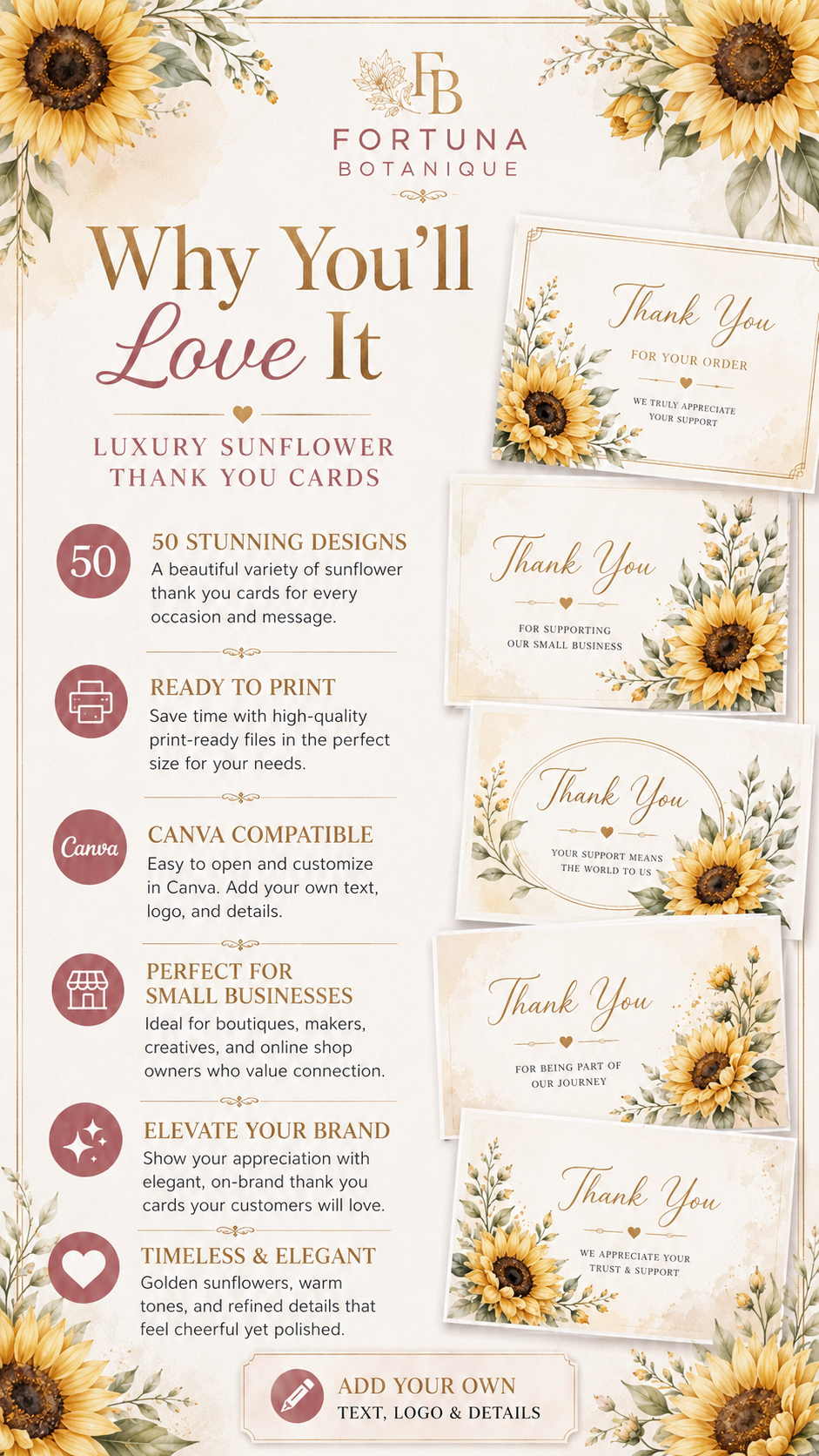 Luxury Sunflower Printable Thank You Cards | 50 Small Business Cards