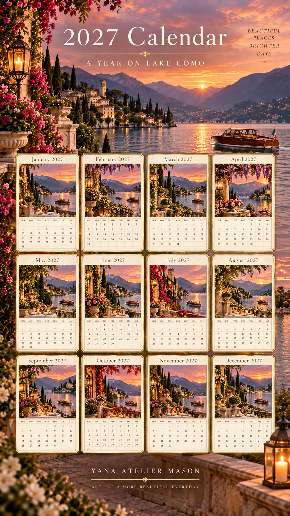 Lake Como 2027 Calendar | Luxury Italian Sunset Printable Calendar