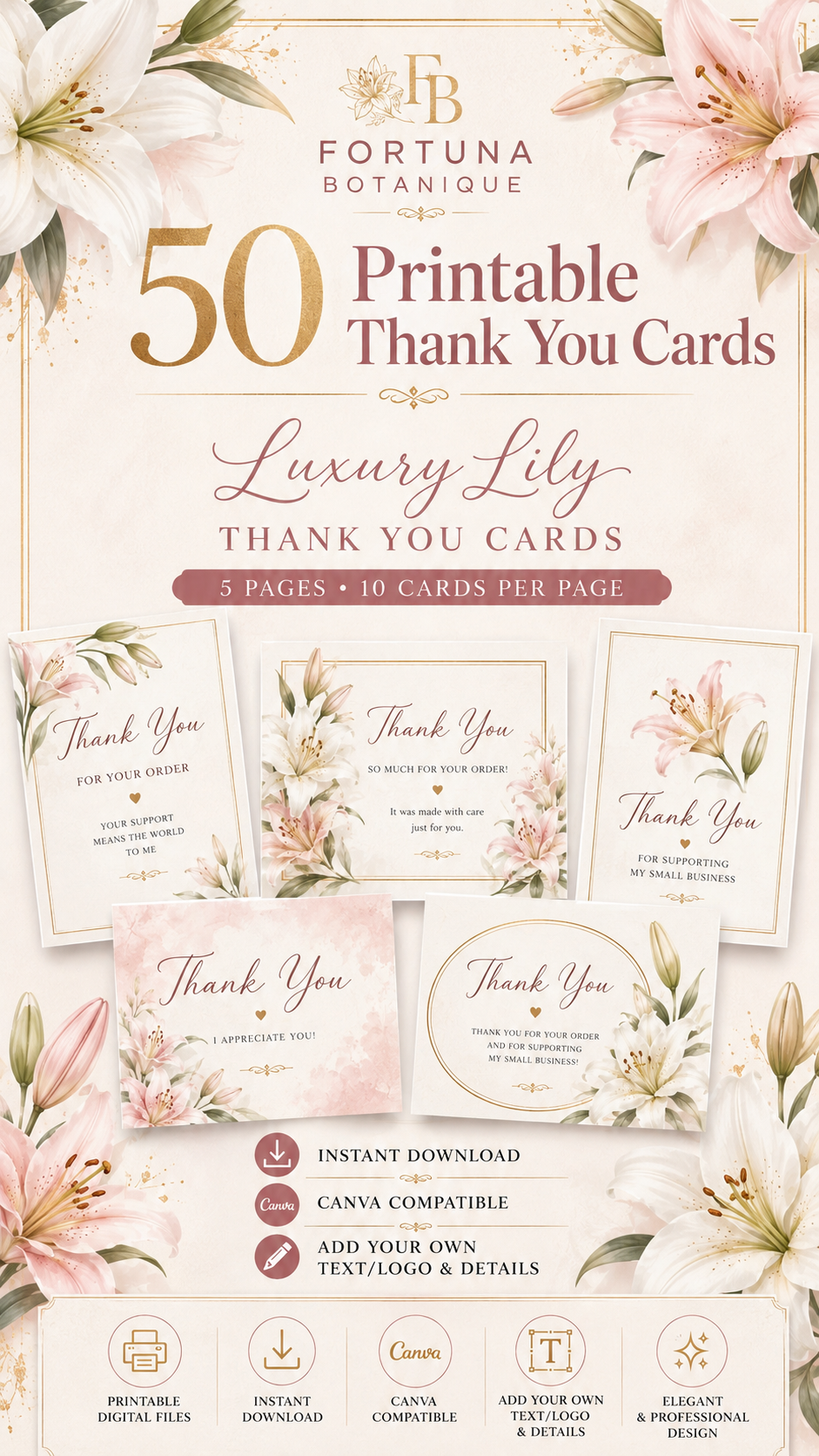Luxury Lily Printable Thank You Cards | 50 Small Business Cards