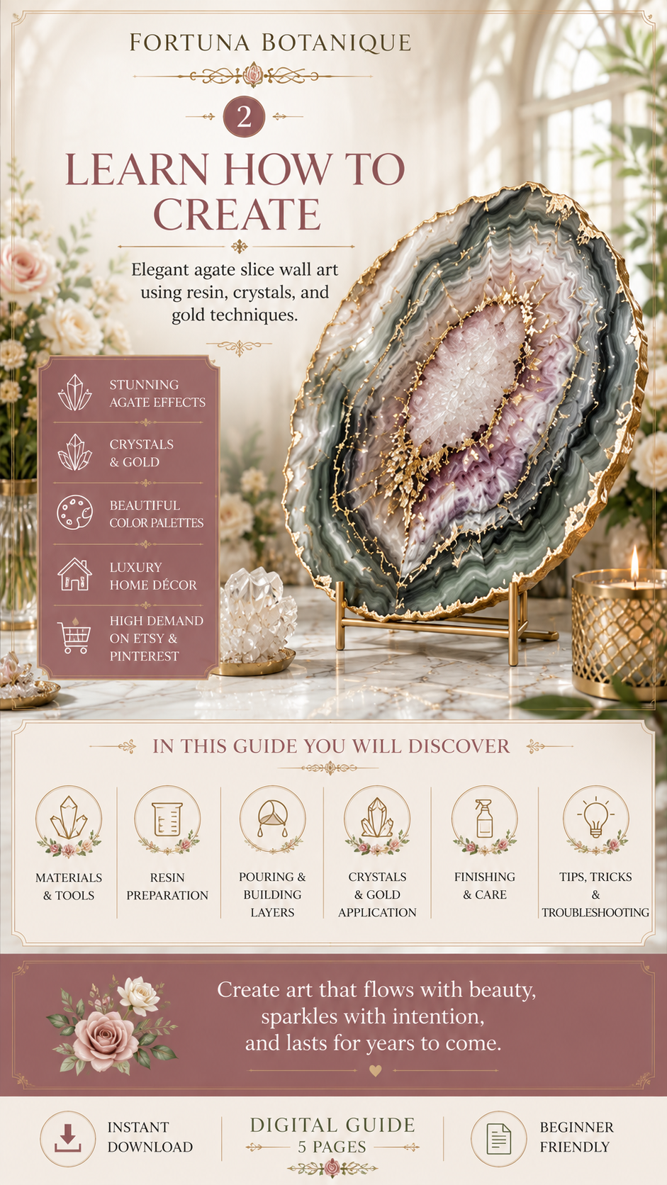 Resin Agate Slice Tutorial Guide | Crystal-Inspired Epoxy Resin Wall Art Digital Download for Beginners