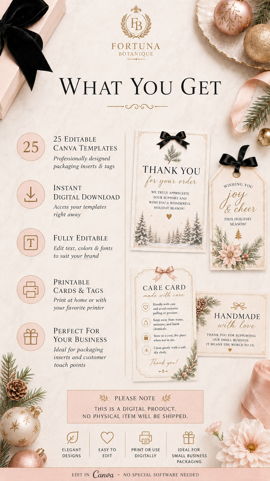 Holiday Packaging Insert Templates | 25 Editable Canva Cards