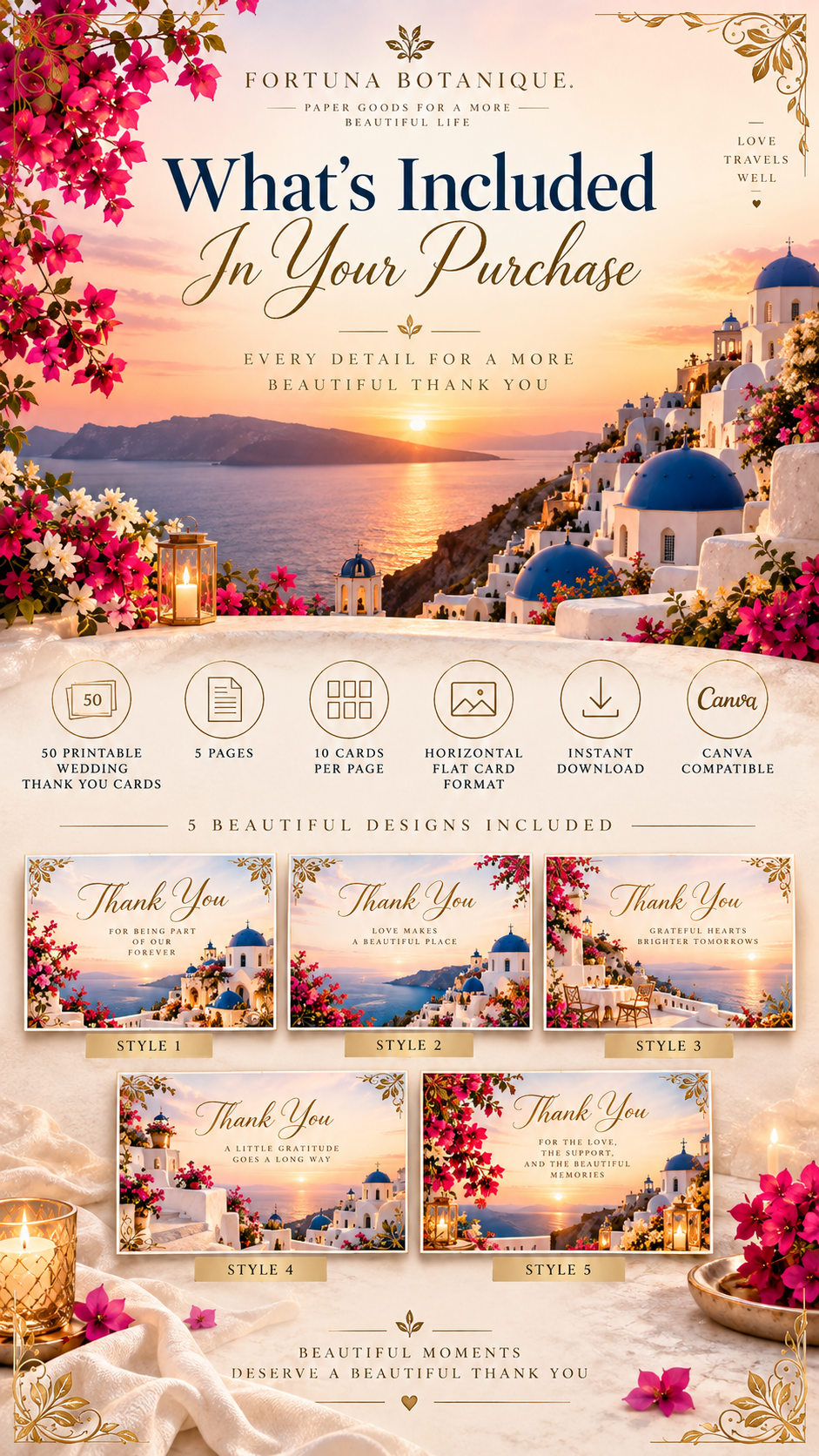 Santorini Thank You Cards Printable Set | 50 Mediterranean Appreciation Cards