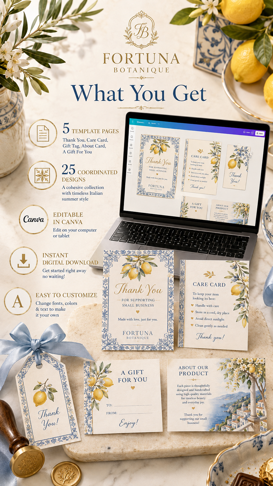 Italian Summer Small Business Card Collection | Editable Canva Thank You, Care & Insert Templates