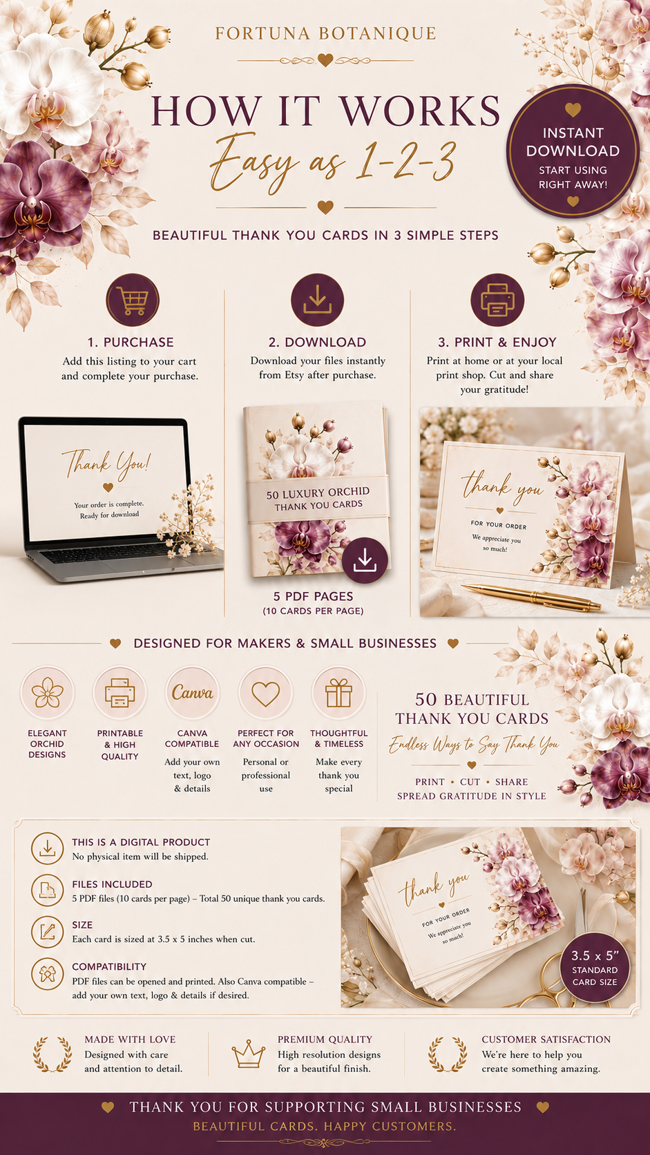 Luxury Orchid Printable Thank You Cards | 50 Small Business Cards