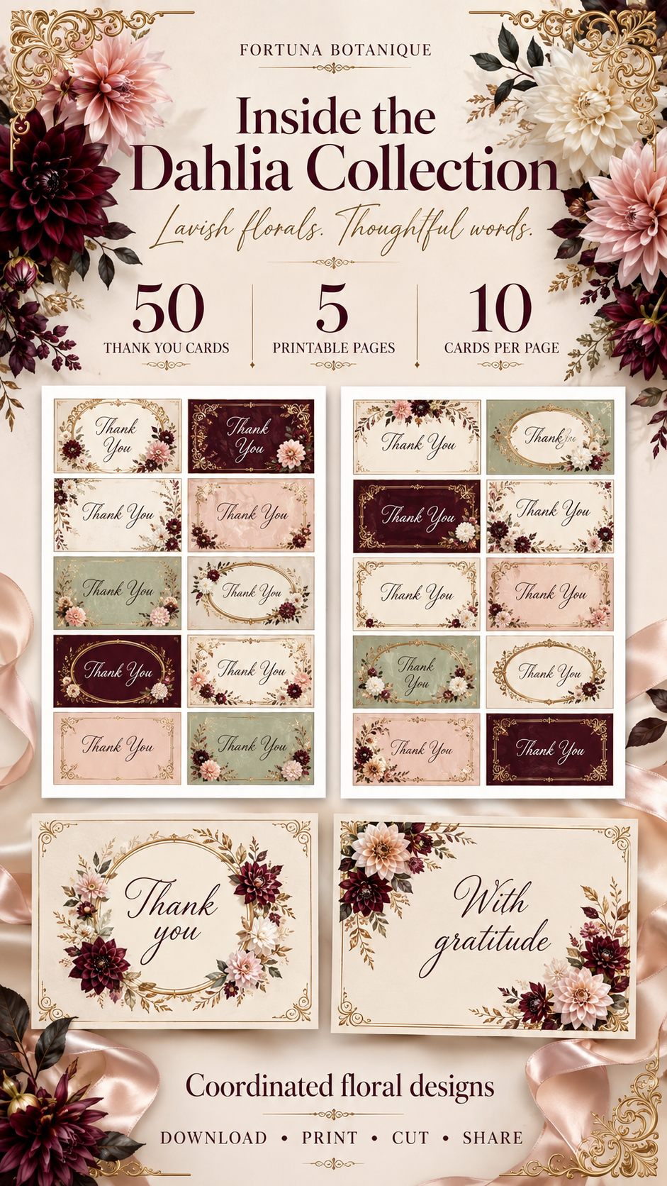 Luxury Dahlia Printable Thank You Cards | 50 Small Business Cards