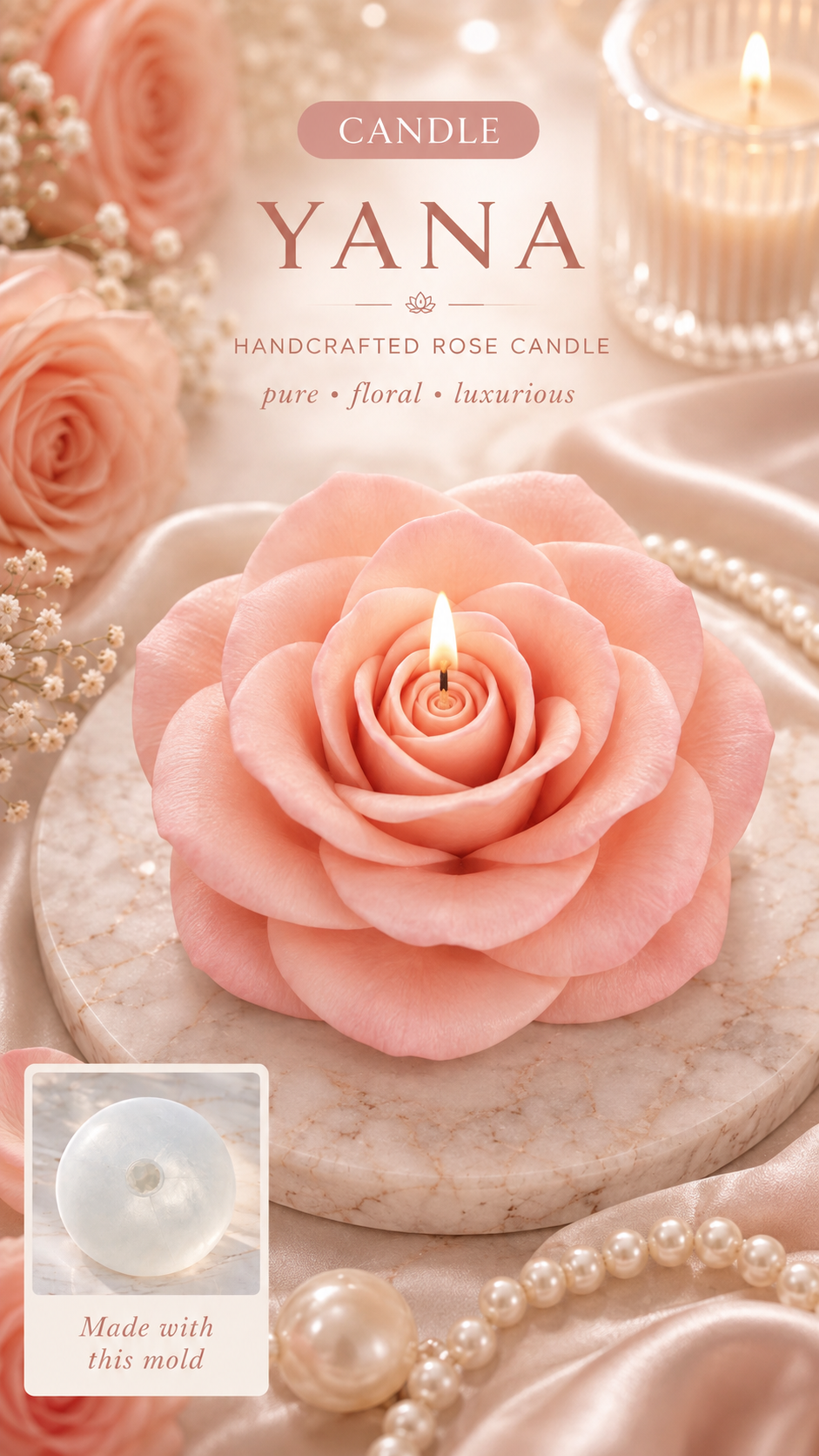 Rose Silicone Flower Mold for Soap, Candles, Resin, Chocolate & Zefir
