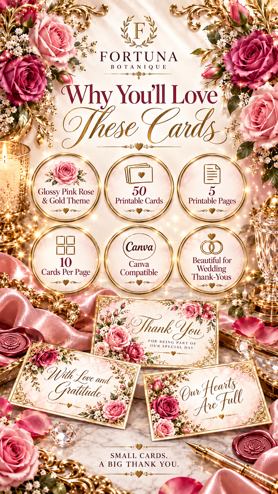 Pink Rose Wedding Thank You Cards | 50 Printable Cards