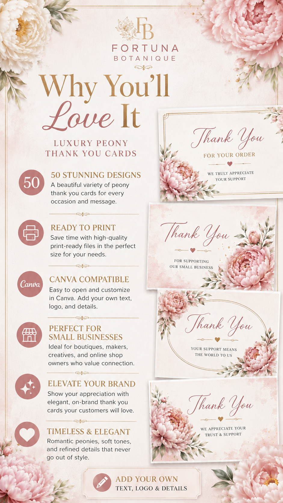 Luxury Peony Printable Thank You Cards | 50 Small Business Cards