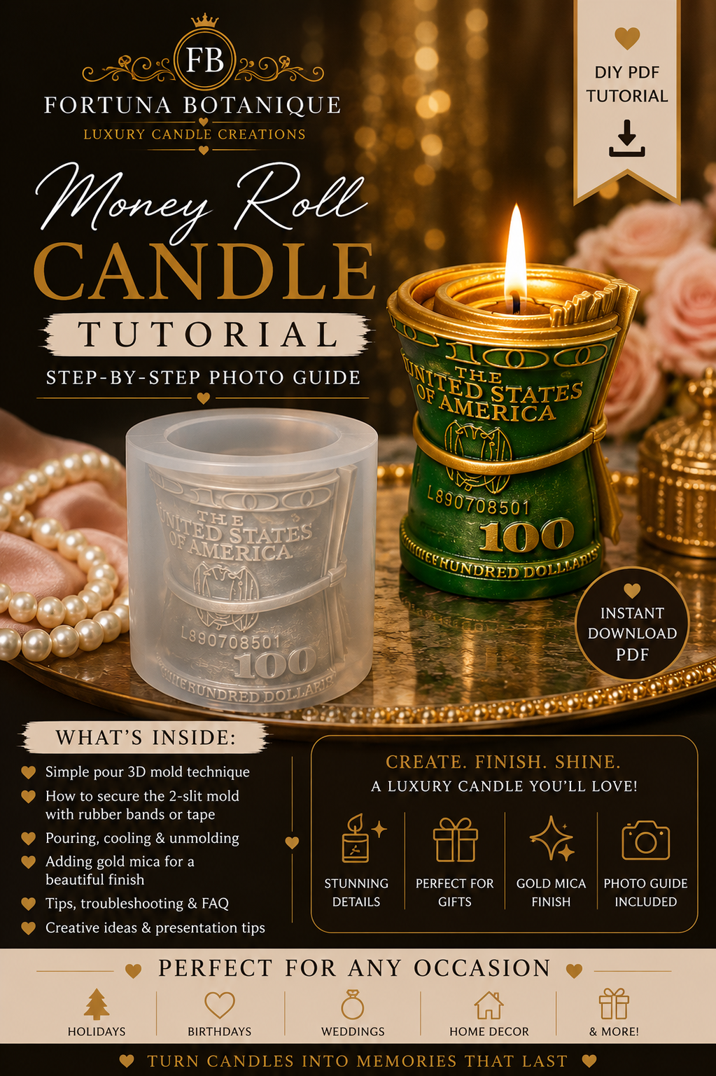 Money Roll Candle Tutorial | 3D Silicone Mold Candle Guide | Instant PDF Download
