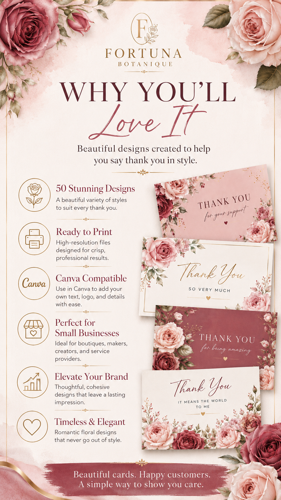 Luxury Rose Printable Thank You Cards | 50 Small Business Cards | Canva Compatible