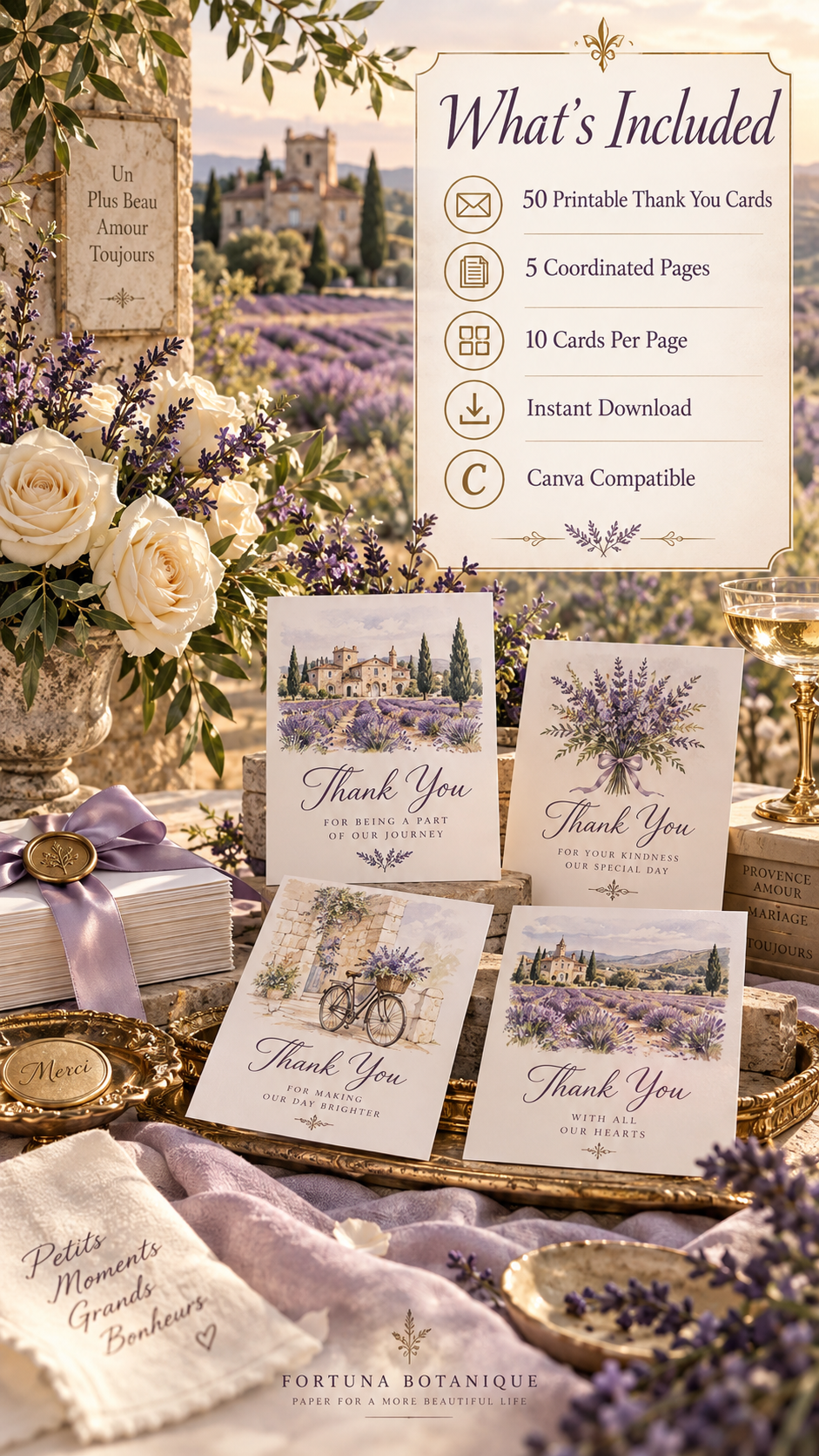 Provence Lavender Wedding Thank You Cards | 50 Printable French Wedding Cards