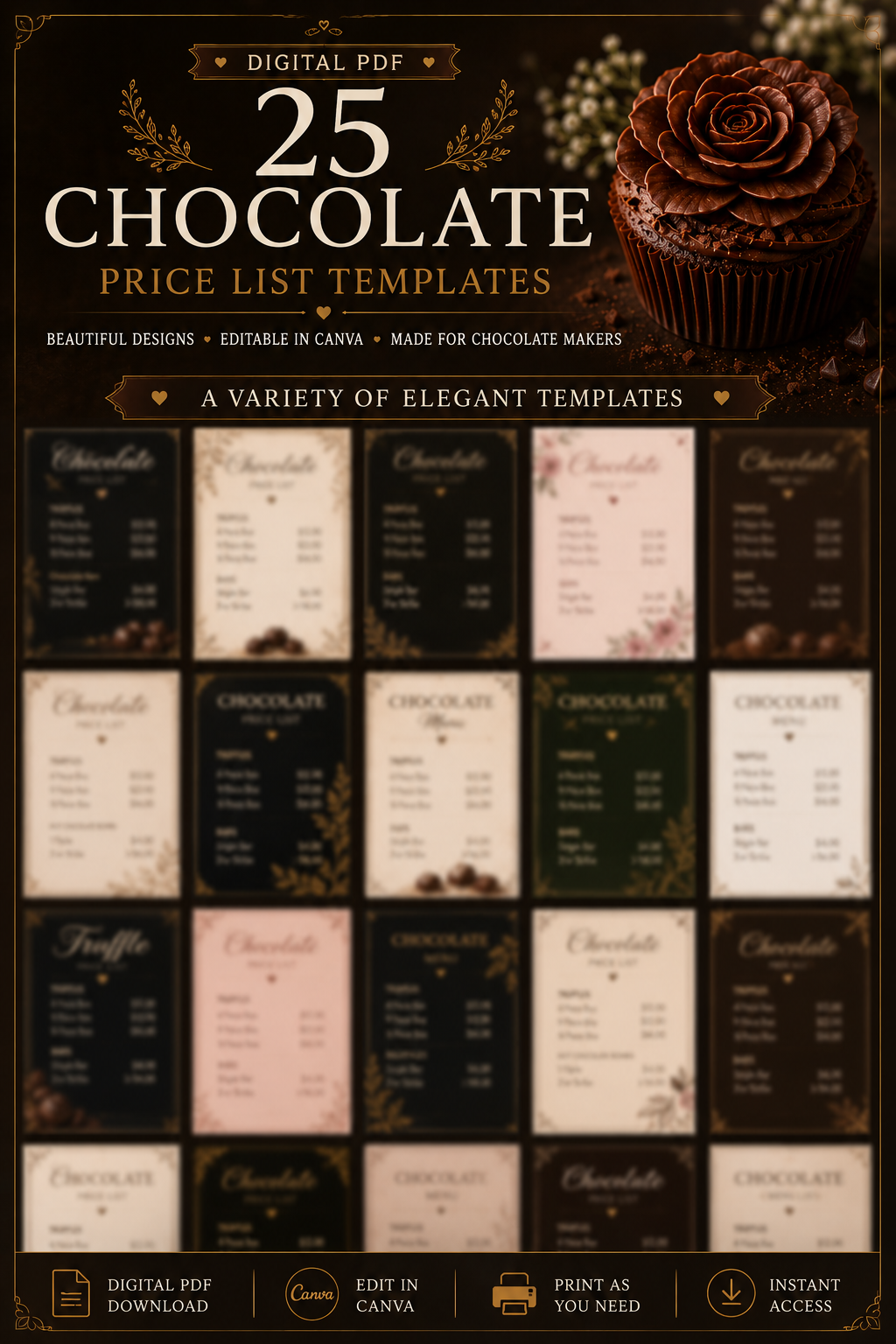 Luxury Chocolate Price List Templates | Editable Pricing Menu Templates for Chocolate Businesses (Instant PDF Download)