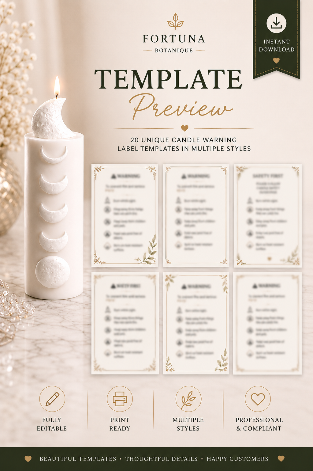 Luxury Candle Warning Label Templates | Printable Candle Safety Labels | Editable Candle Labels | Instant PDF Download