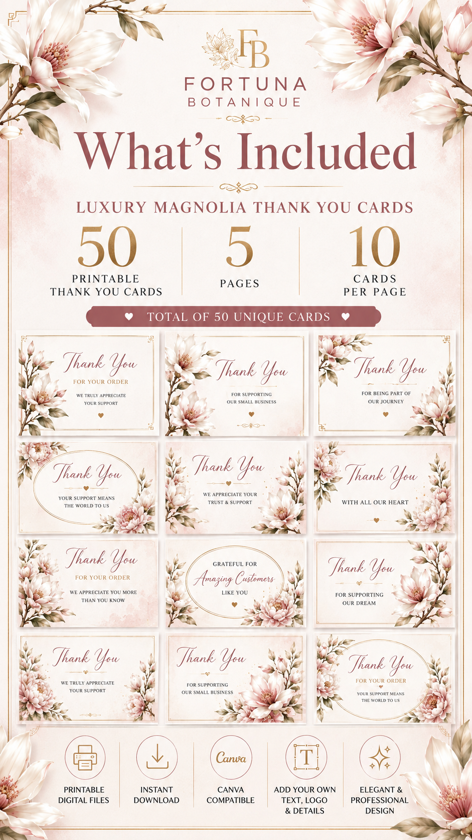 Luxury Magnolia Printable Thank You Cards | 50 Small Business Cards