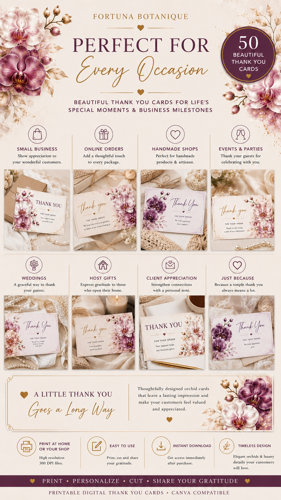 Luxury Orchid Printable Thank You Cards | 50 Small Business Cards