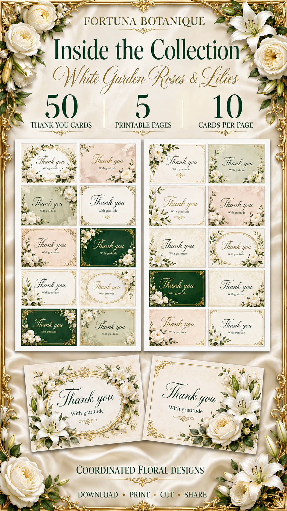 Luxury White Roses & Lilies Printable Thank You Cards | 50 Small Business Cards