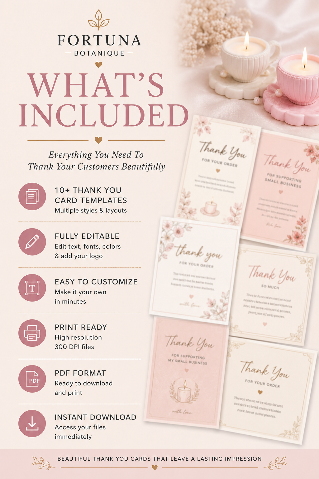 Luxury Candle Thank You Card Templates | Editable Printable Thank You Cards | Small Business Branding | Instant PDF Download