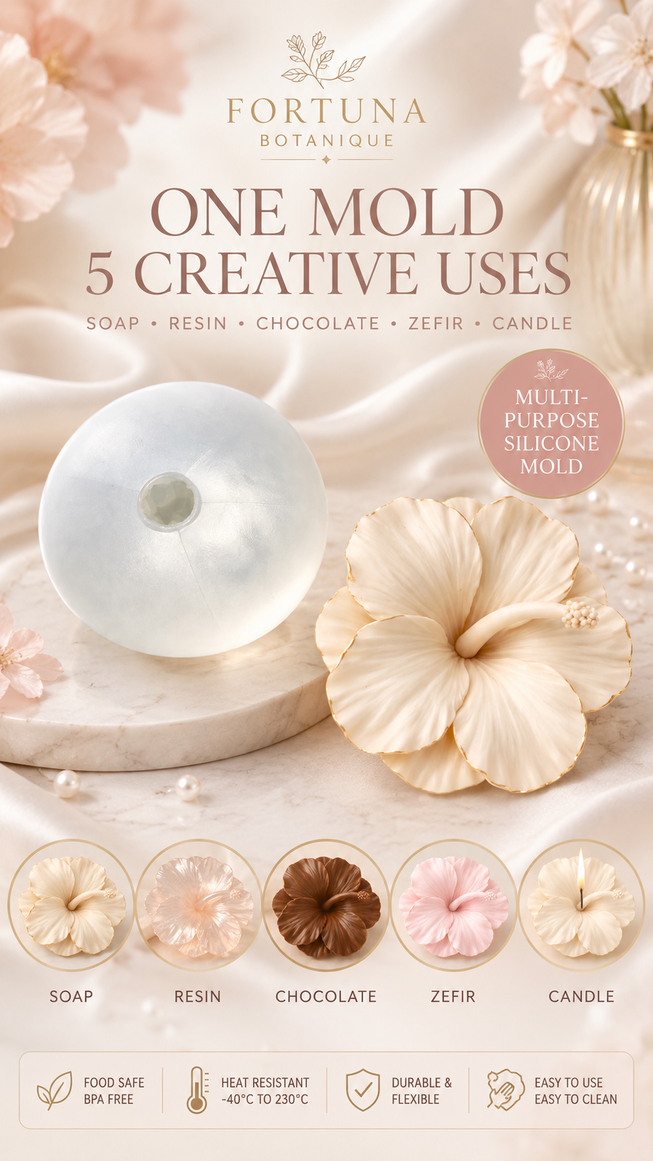 Hibiscus Silicone Flower Mold for Soap, Candles, Resin, Chocolate & Zefir