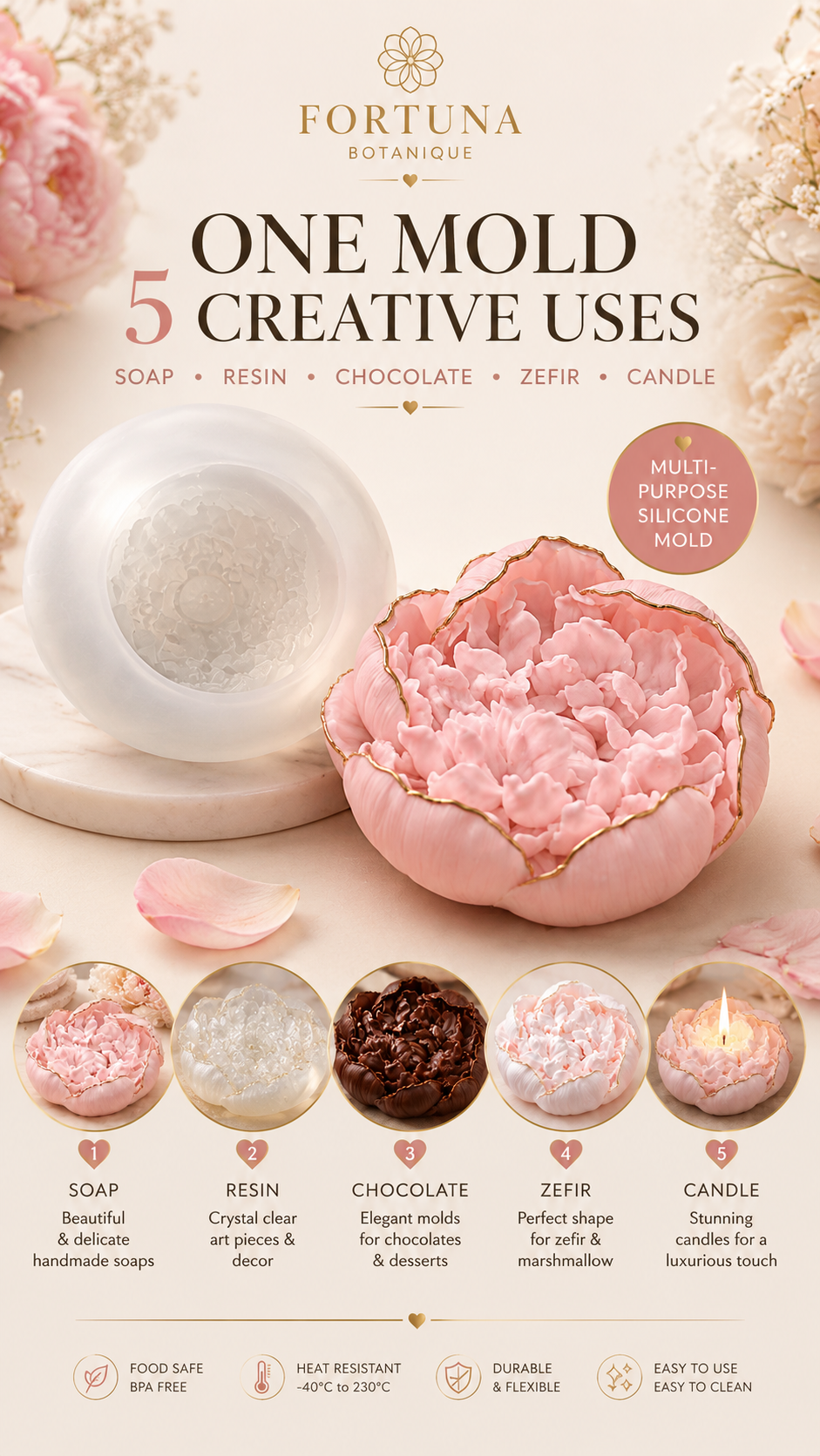 Peony Flower Silicone Mold for Soap, Candles, Resin, Chocolate & Zefir