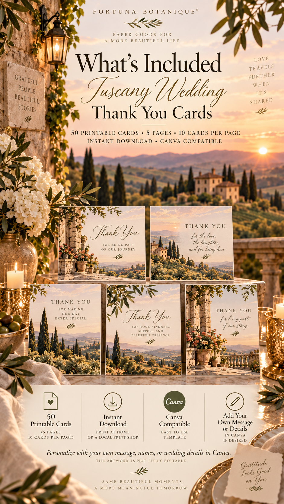Tuscany Wedding Thank You Cards | 50 Printable Tuscan Wedding Cards