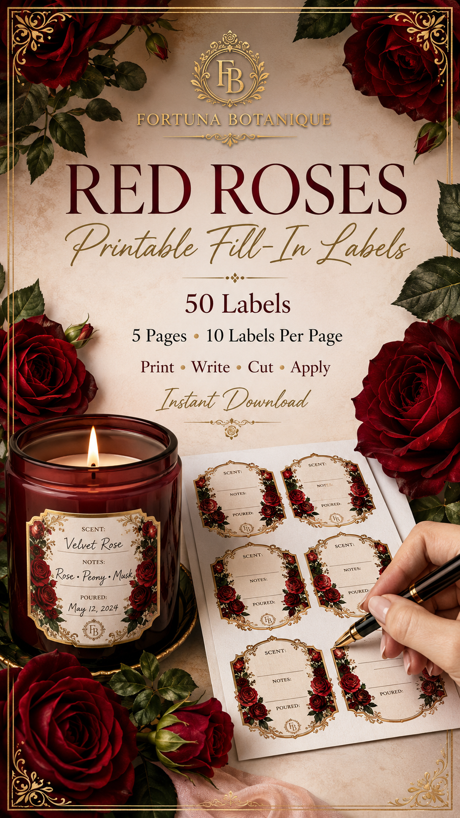 Red Rose Printable Fill-In Labels | 50 Small Business Product & Packaging Labels