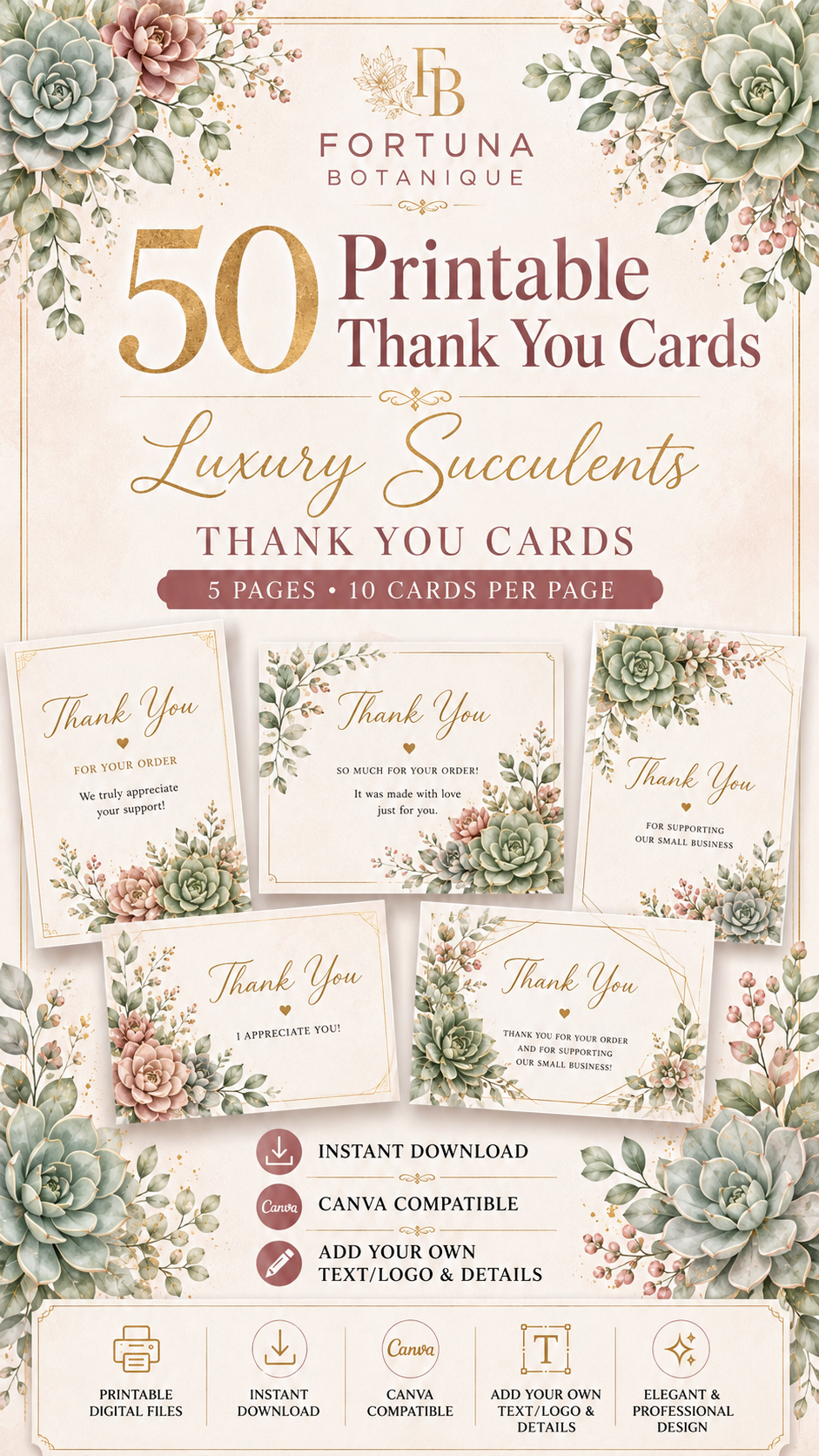 Luxury Succulent Printable Thank You Cards | 50 Small Business Cards