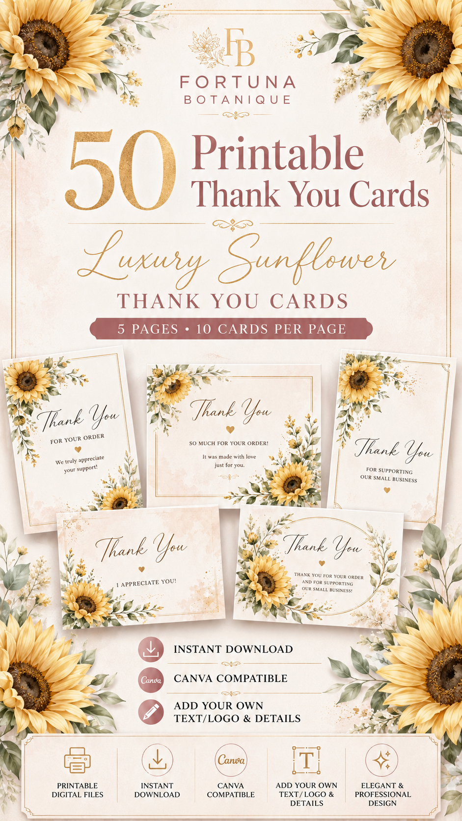 Luxury Sunflower Printable Thank You Cards | 50 Small Business Cards