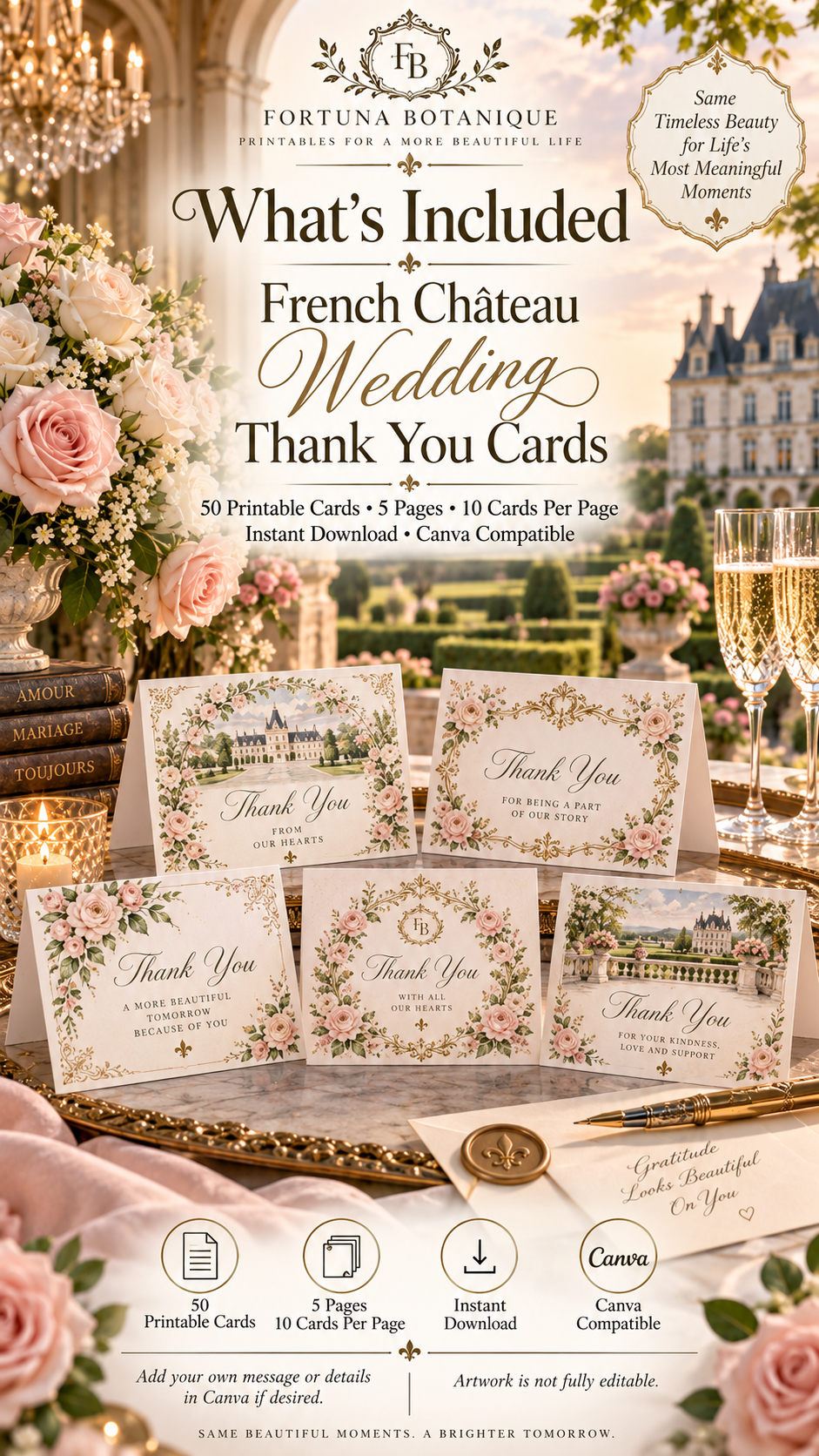 French Château Wedding Thank You Cards | 50 Printable Wedding Cards