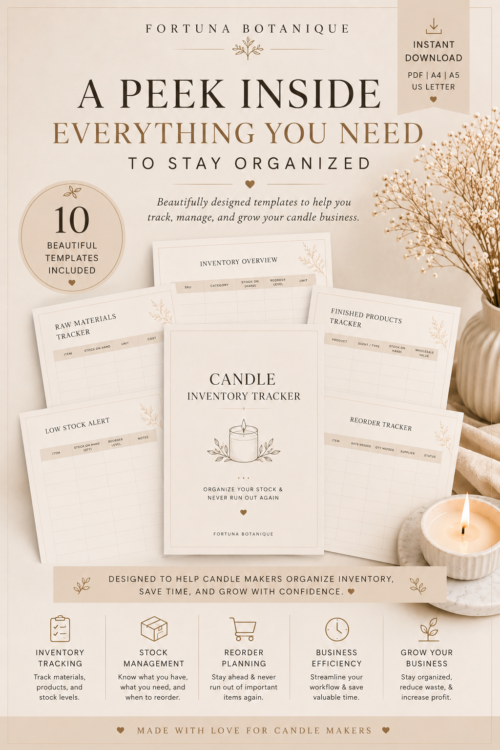 Luxury Candle Inventory Tracker | Printable Inventory Management Workbook for Candle Makers | Stock Control & Business Organization | Instant PDF Download