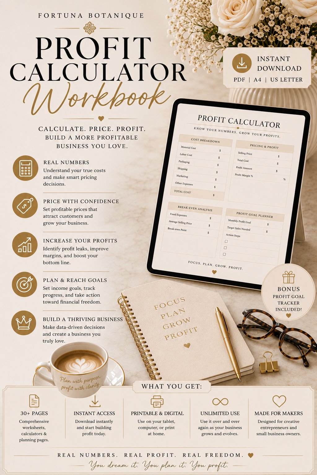 Profit Calculator Workbook | Pricing Strategy, Cost Analysis & Profit Planning Workbook | Instant PDF Download